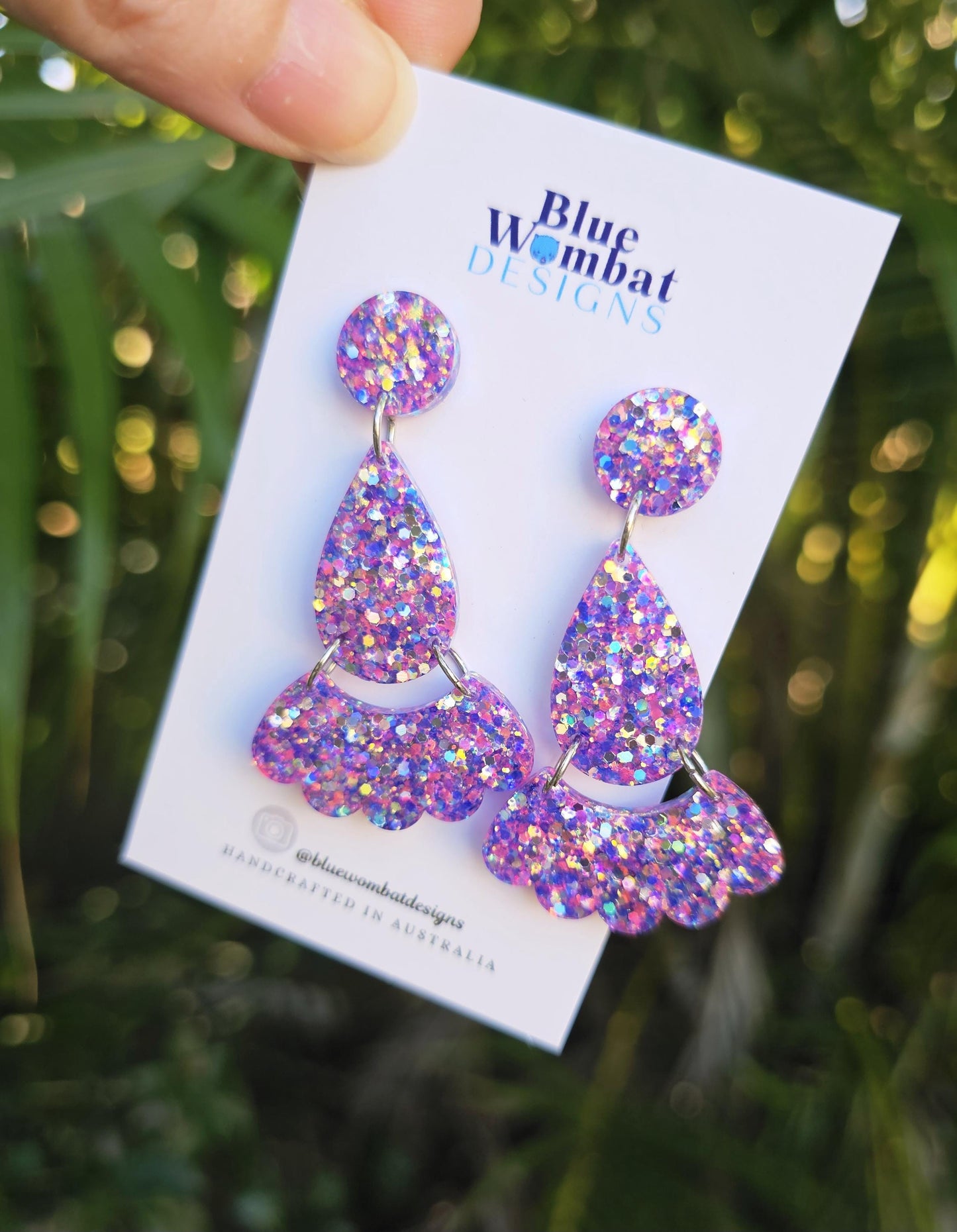 Pink Purple Glitter Resin Dangle Statement Earrings