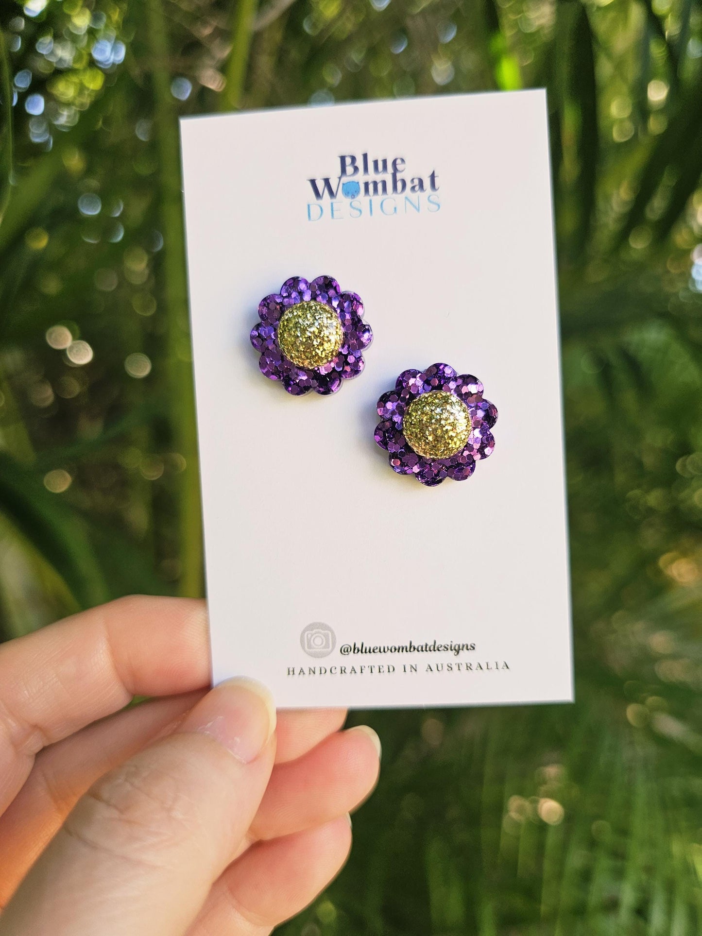 Flower Purple Glitter Resin Stud Earrings 18mm