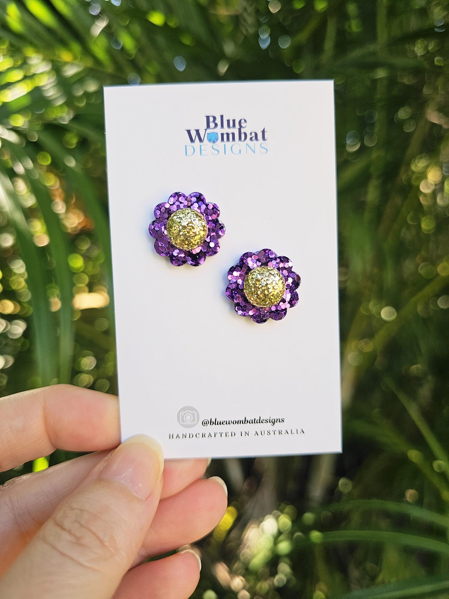 Flower Purple Glitter Resin Stud Earrings 18mm