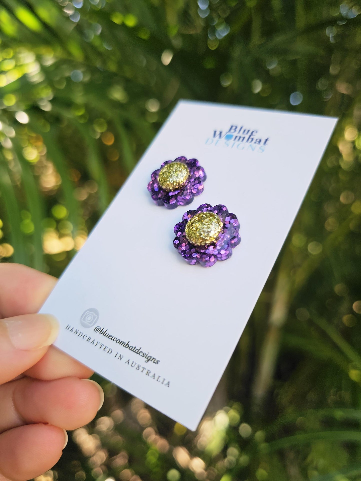 Flower Purple Glitter Resin Stud Earrings 18mm