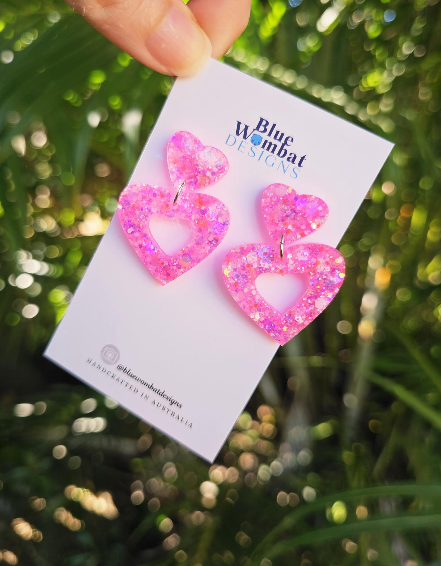 Pink Love Heart Sparkle Glitter Resin Dangle Earrings