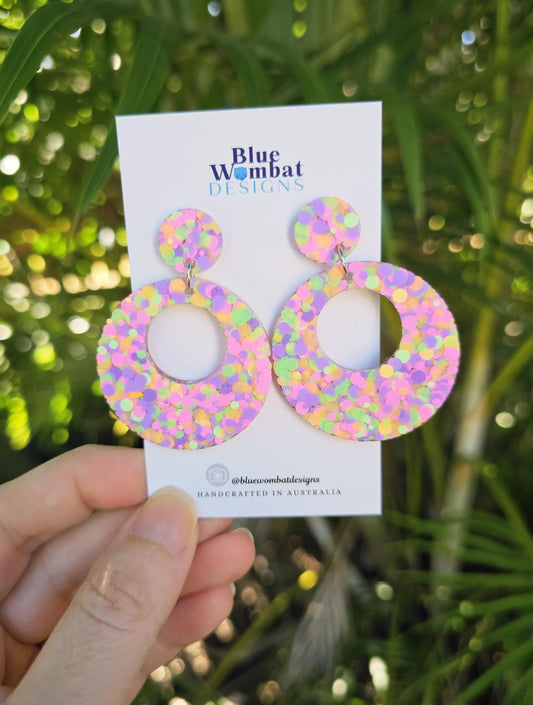 Bright Colourful Glitter Resin Round Hoop Dangle Earrings