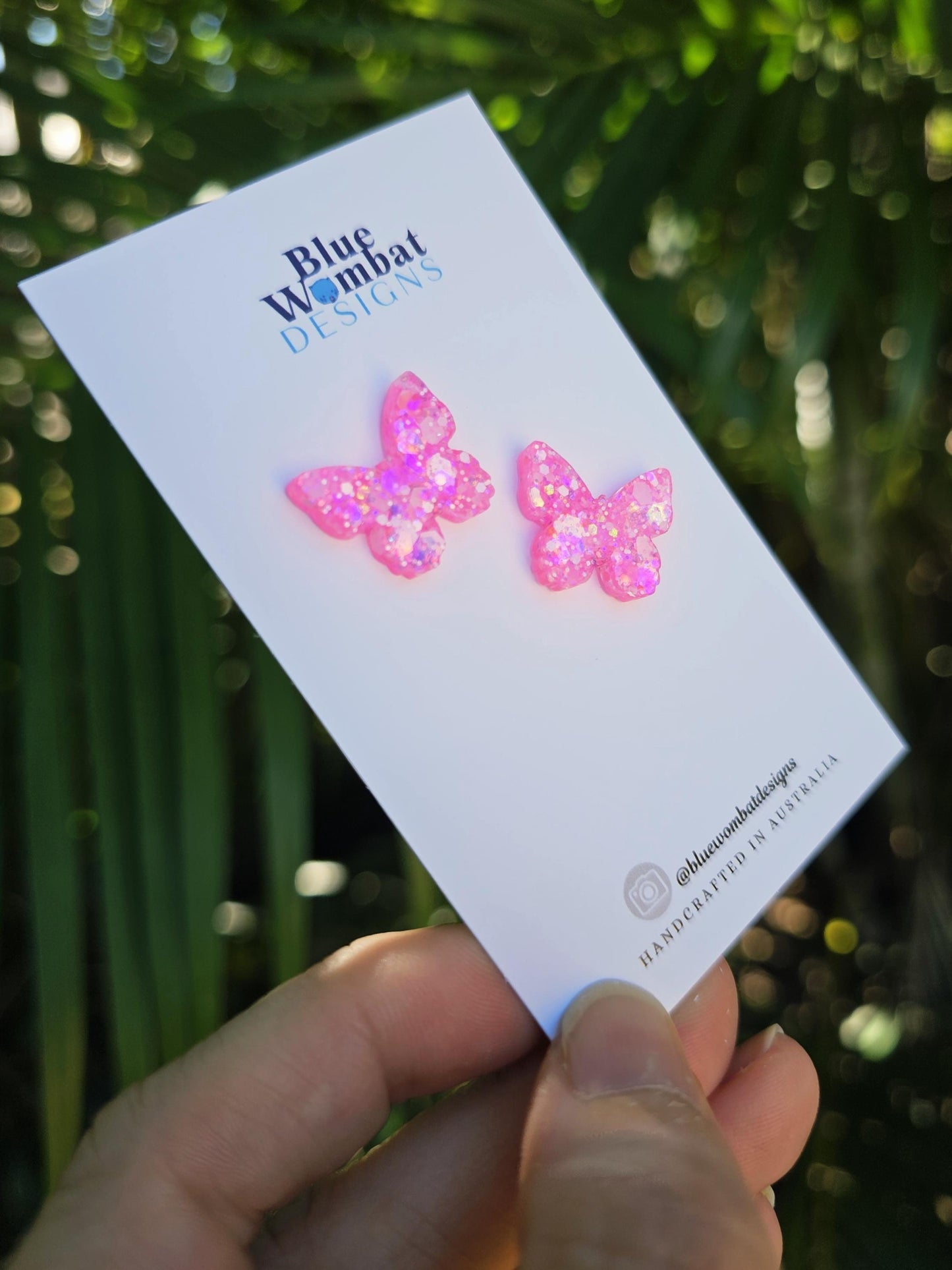 Butterfly Pink Glitter Resin Stud Earrings