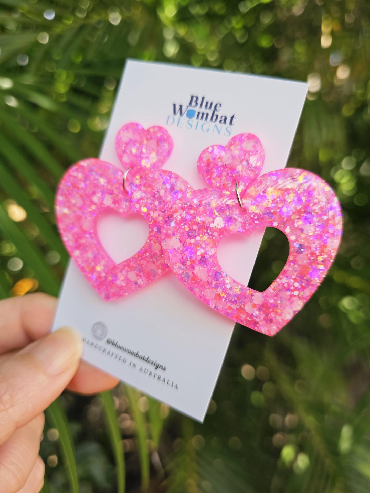 Pink Glitter Love Heart Resin Large Danglee Earrings