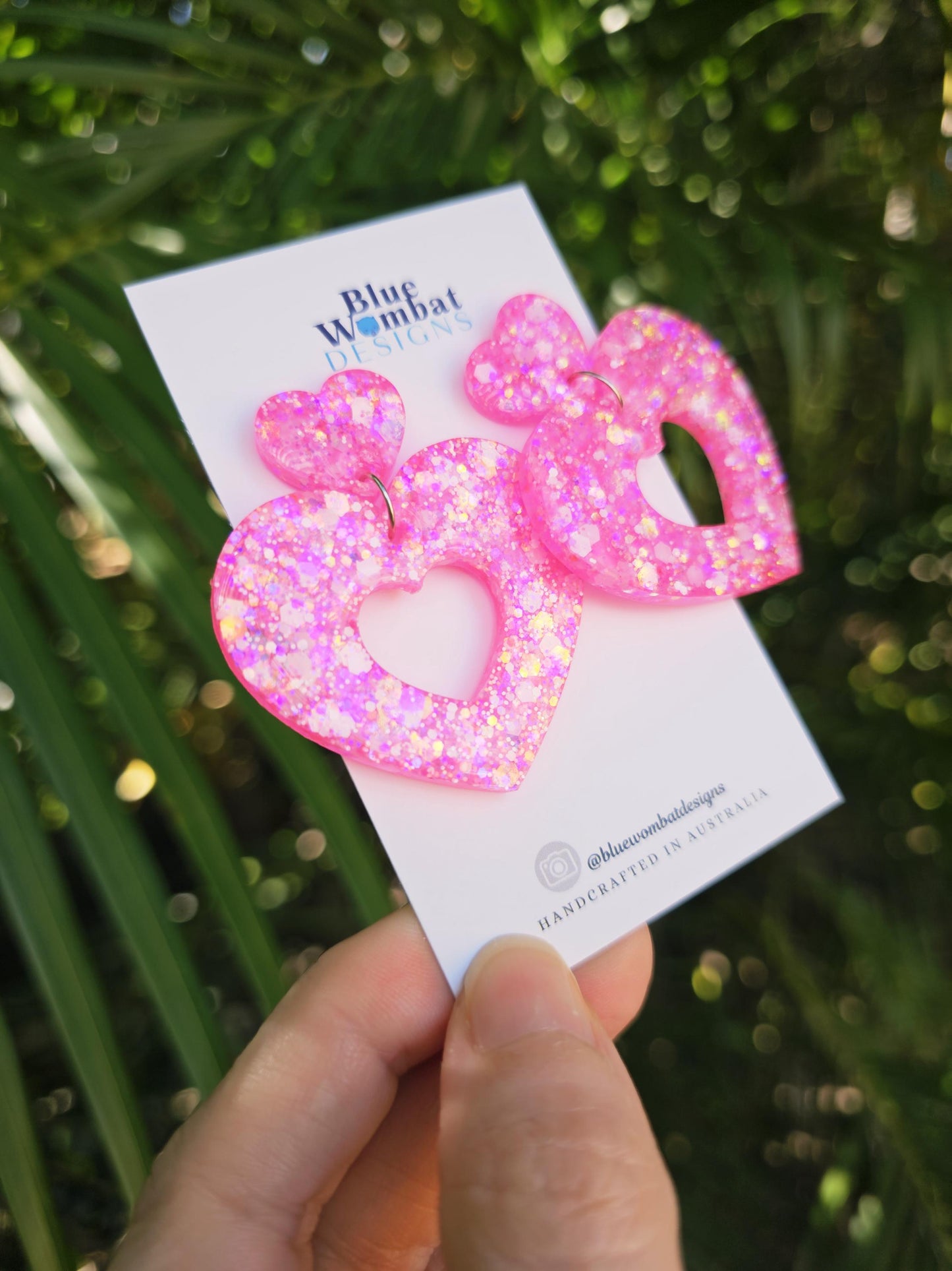 Pink Glitter Love Heart Resin Large Danglee Earrings