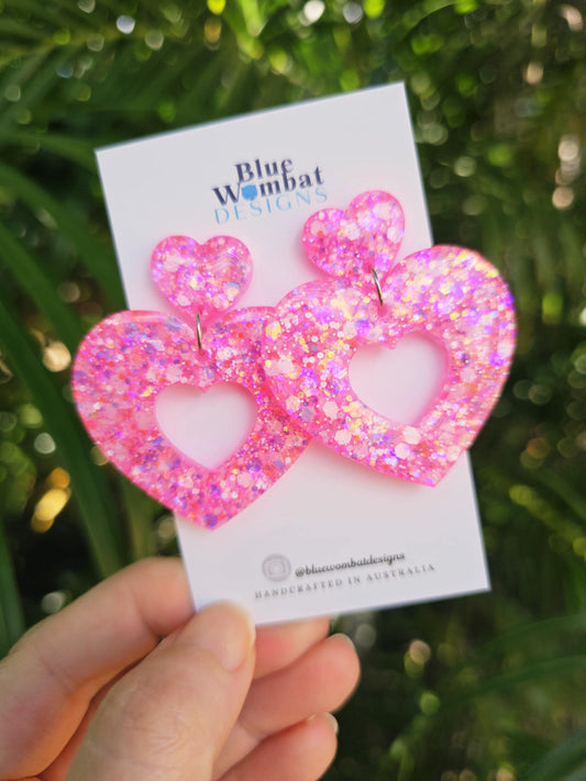 Pink Glitter Love Heart Resin Large Danglee Earrings