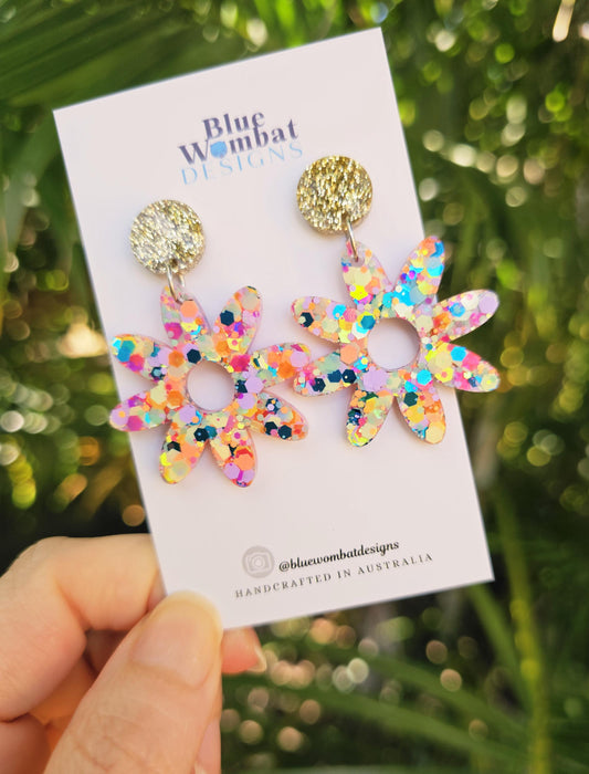 Flower Glitter Resin Statement Earrings