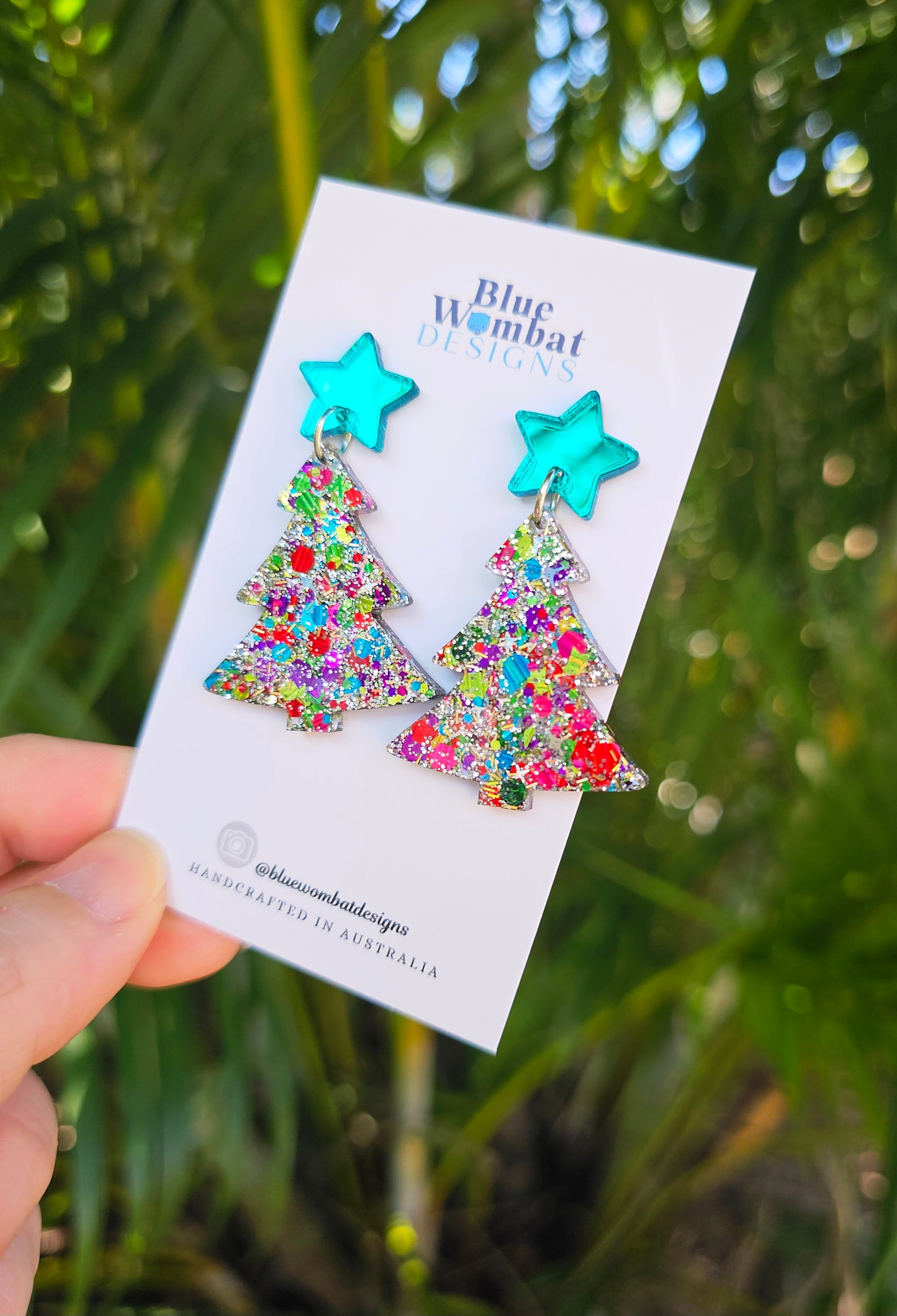 Christmas Tree Glitter Resin Dangle Earrings Handmade