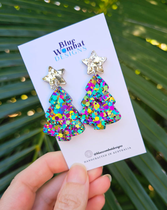 Christmas Tree Glitter Resin Dangle Earrings Handmade