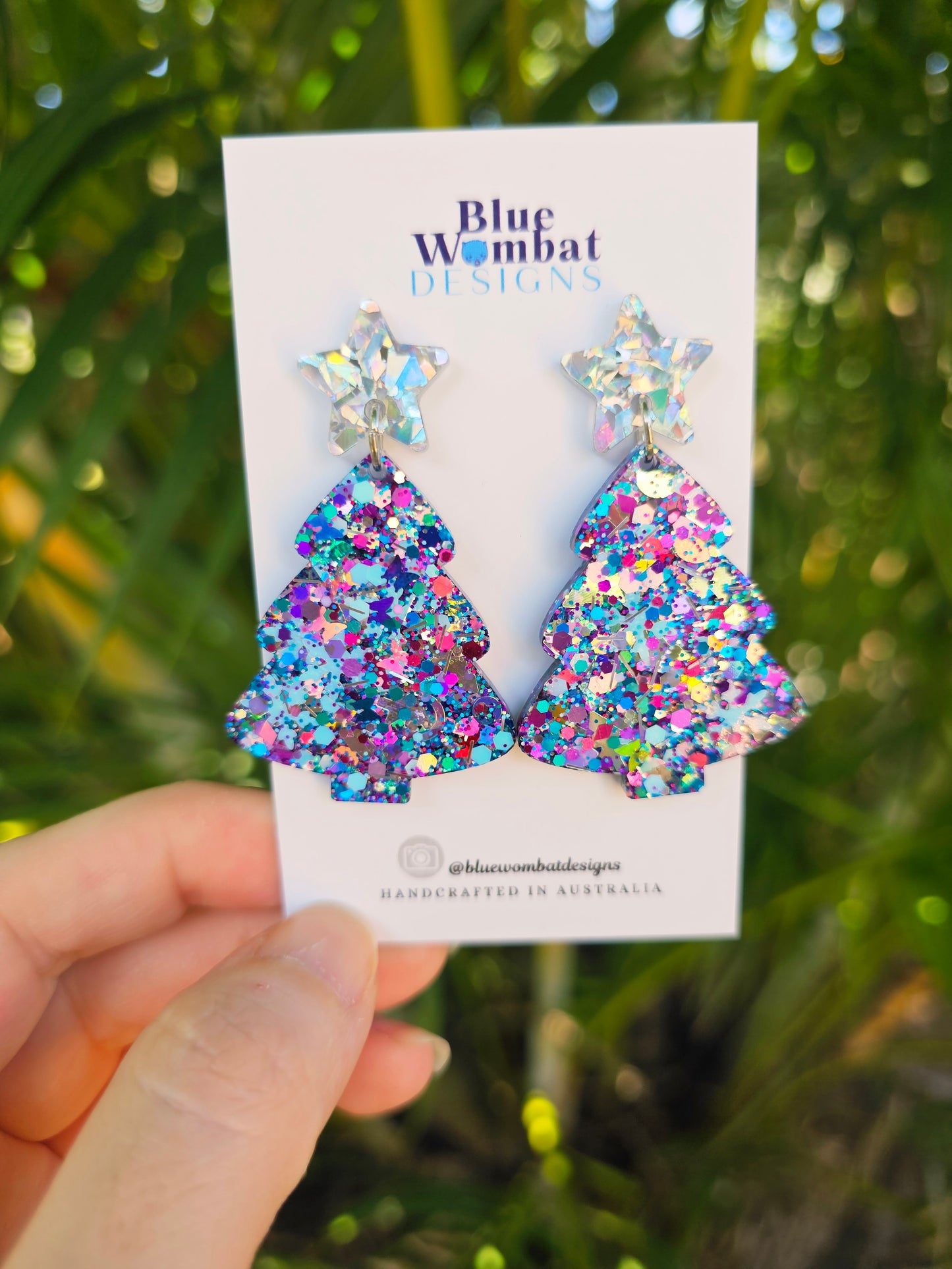 Christmas Tree Glitter Resin Dangle Earrings Handmade