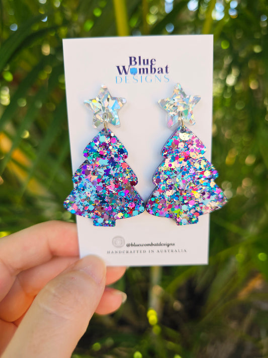Christmas Tree Glitter Resin Dangle Earrings Handmade
