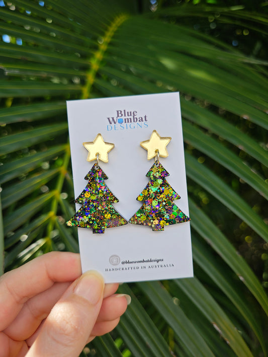 Christmas Tree Glitter Resin Dangle Earrings Handmade