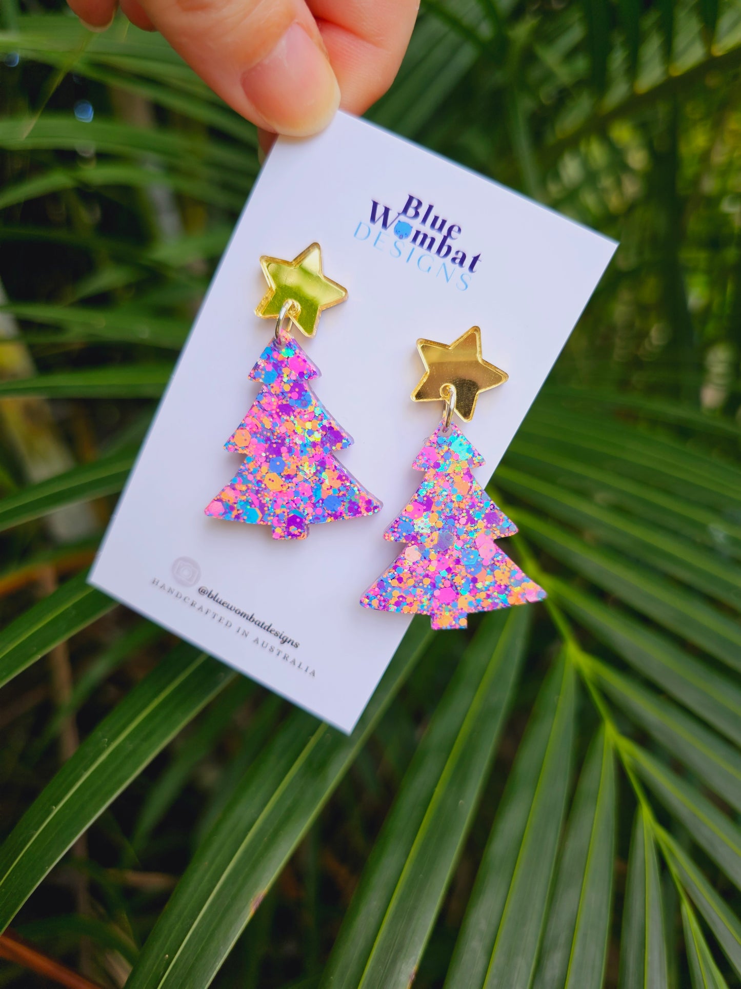 Christmas Tree Glitter Resin Dangle Earrings Handmade