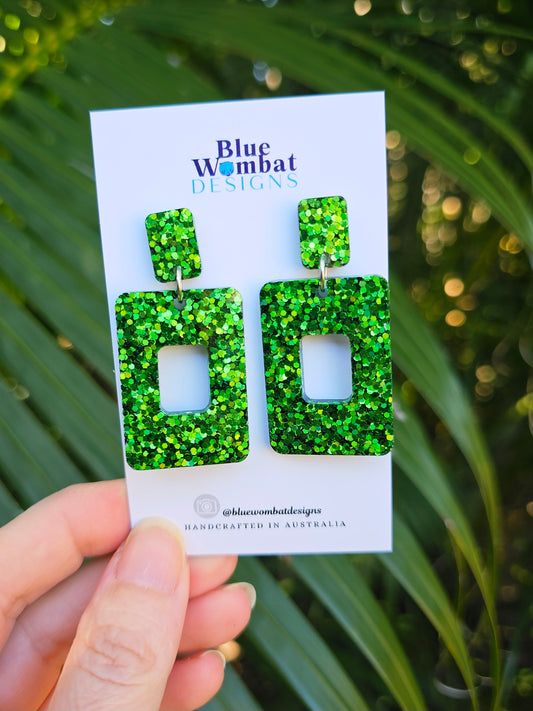 Green Glitter Resin Statement Dangle Earrings