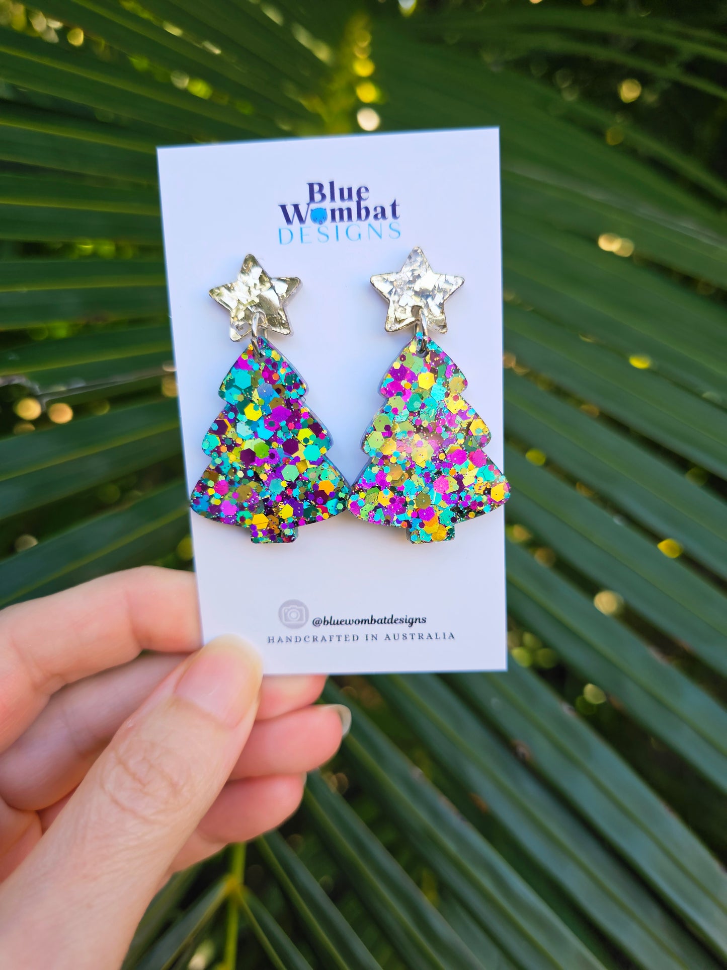 Christmas Tree Glitter Resin Dangle Earrings Handmade