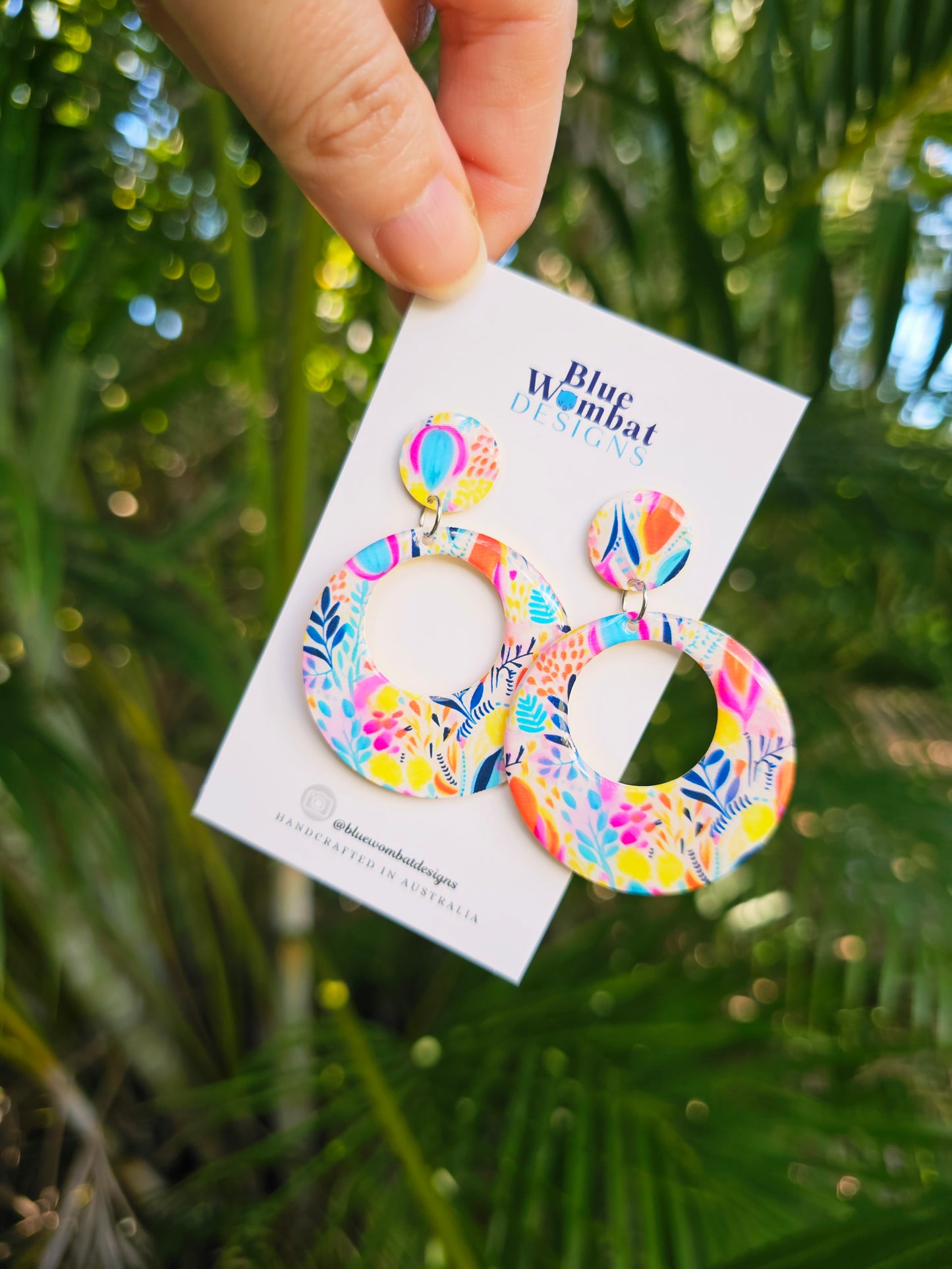 Floral Round Hoop Resin Yupo Paper Dangle Earrings