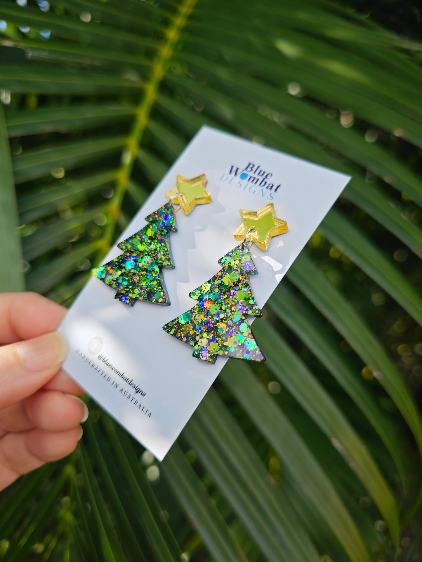 Christmas Tree Glitter Resin Dangle Earrings Handmade
