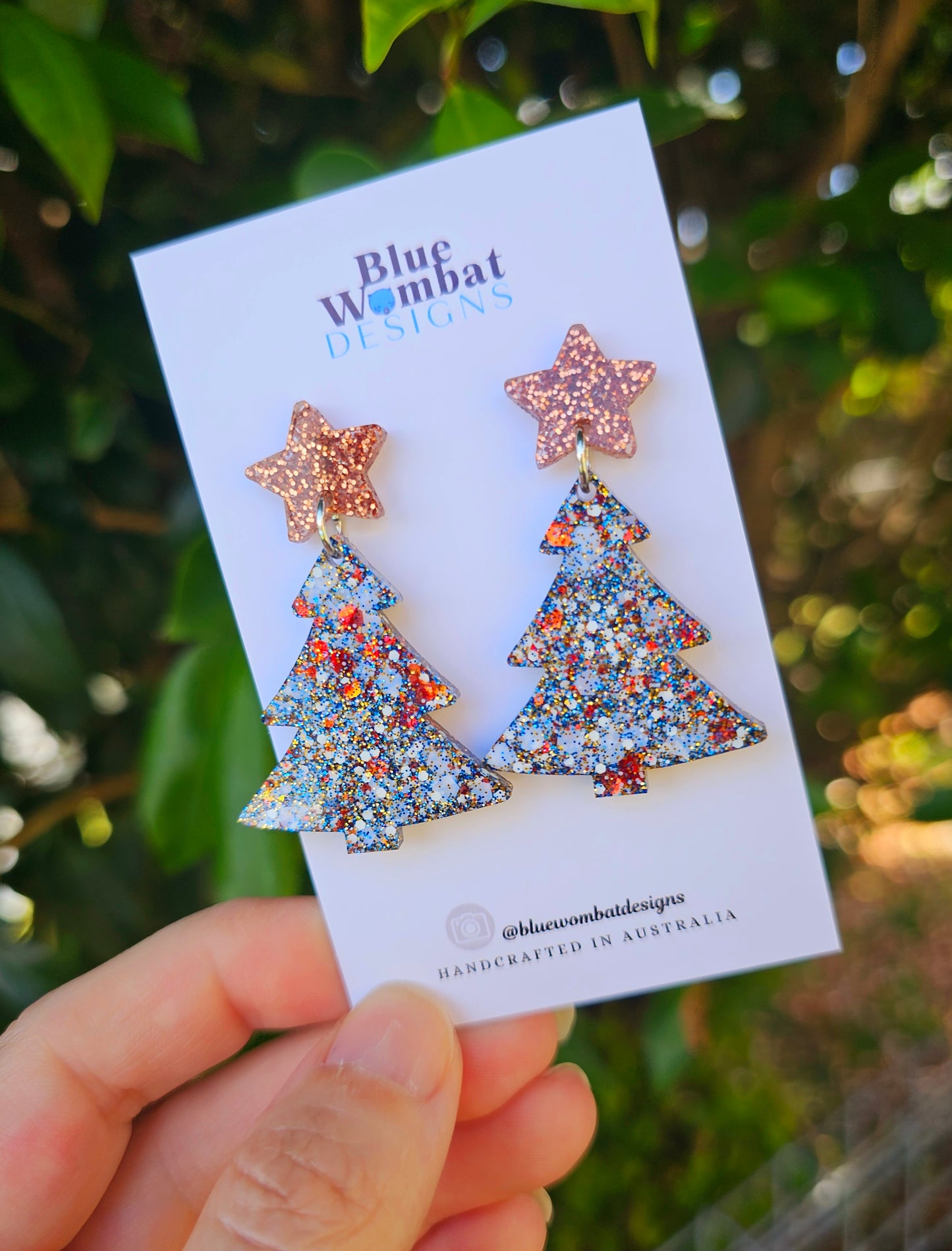 Christmas Tree Glitter Resin Dangle Earrings Handmade