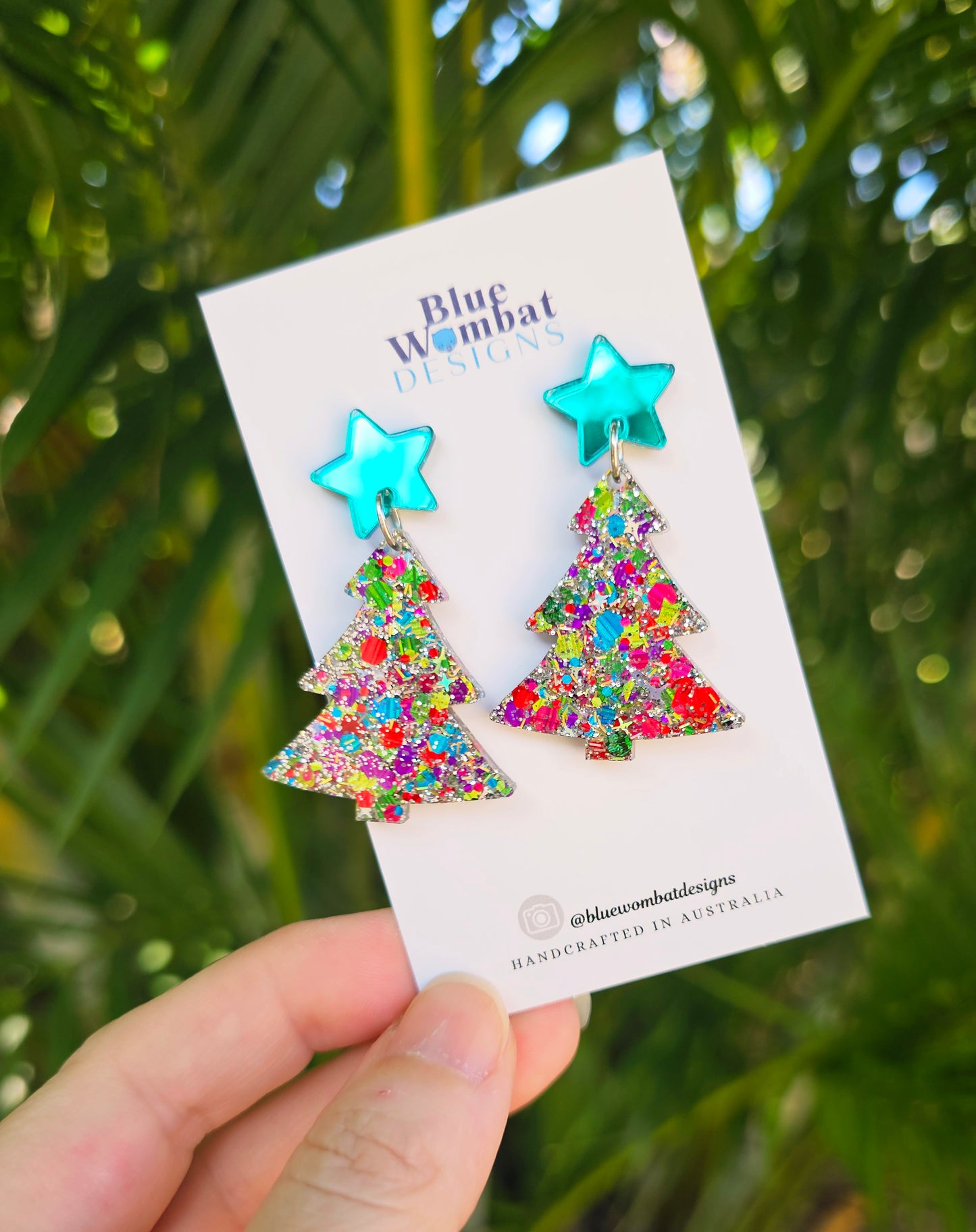 Christmas Tree Glitter Resin Dangle Earrings Handmade