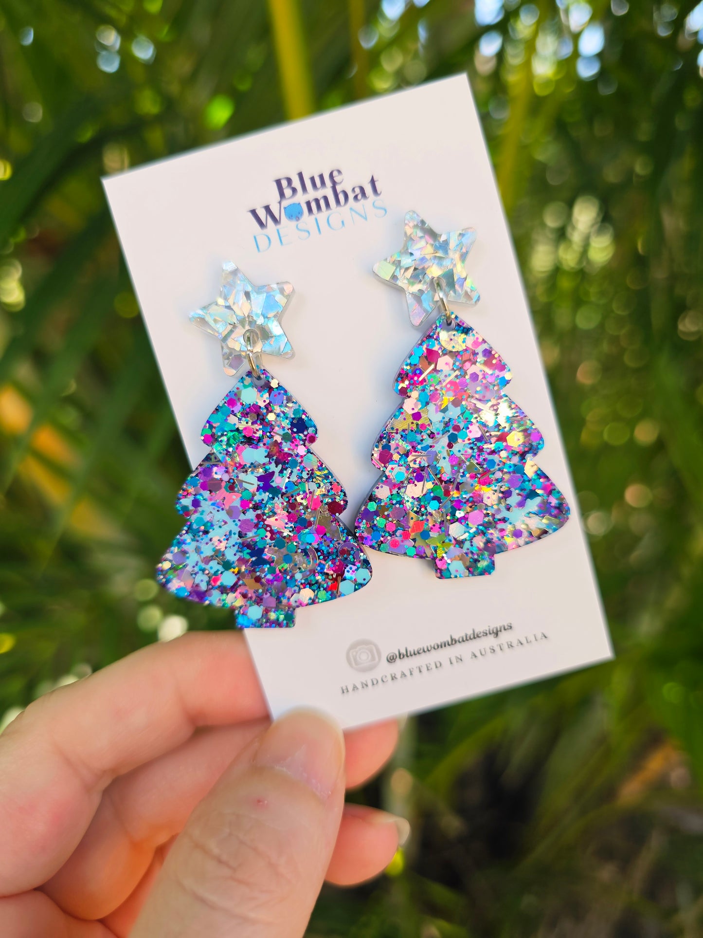 Christmas Tree Glitter Resin Dangle Earrings Handmade