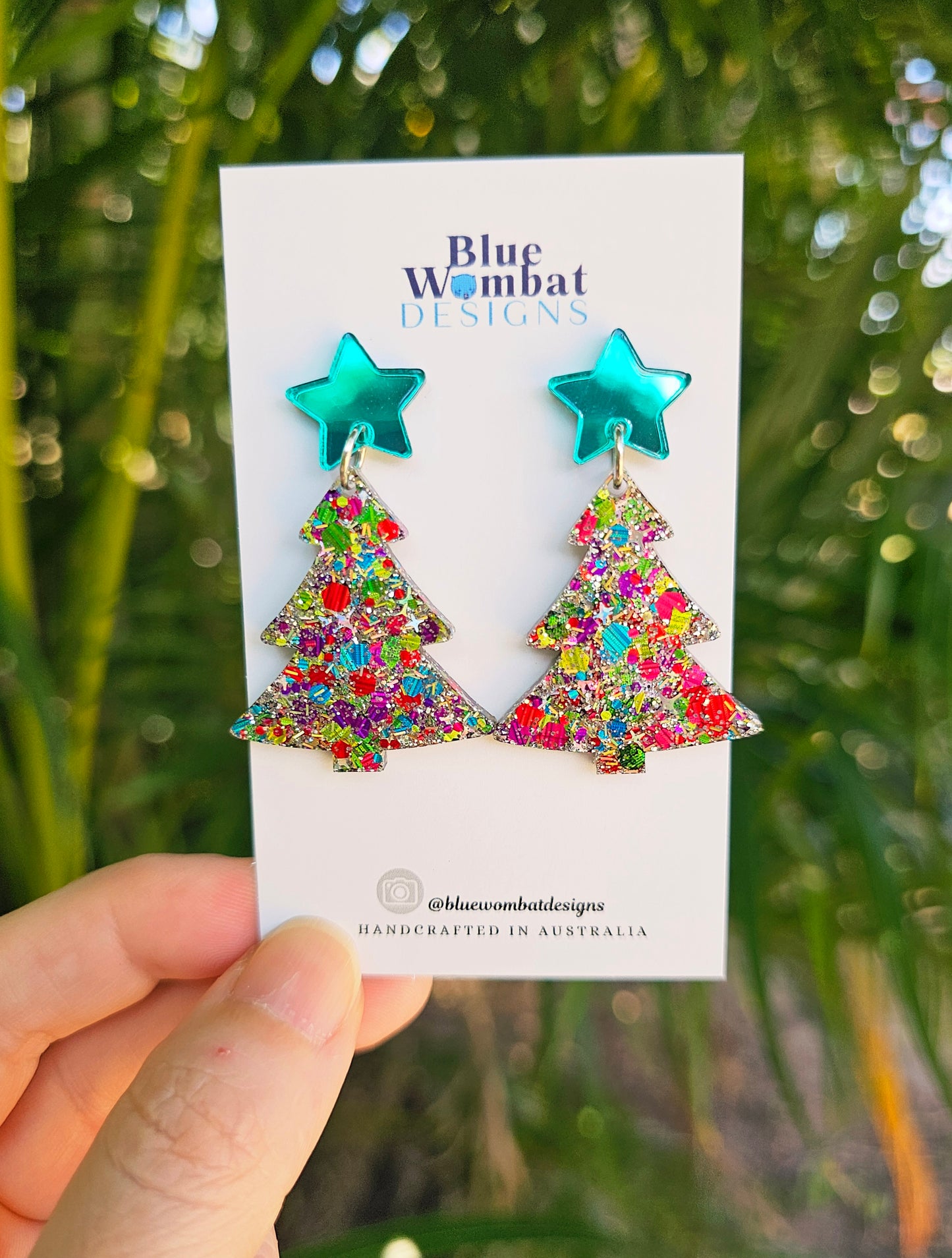 Christmas Tree Glitter Resin Dangle Earrings Handmade