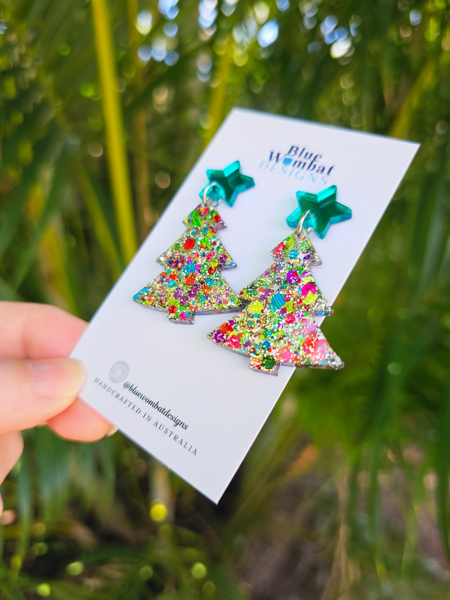 Christmas Tree Glitter Resin Dangle Earrings Handmade