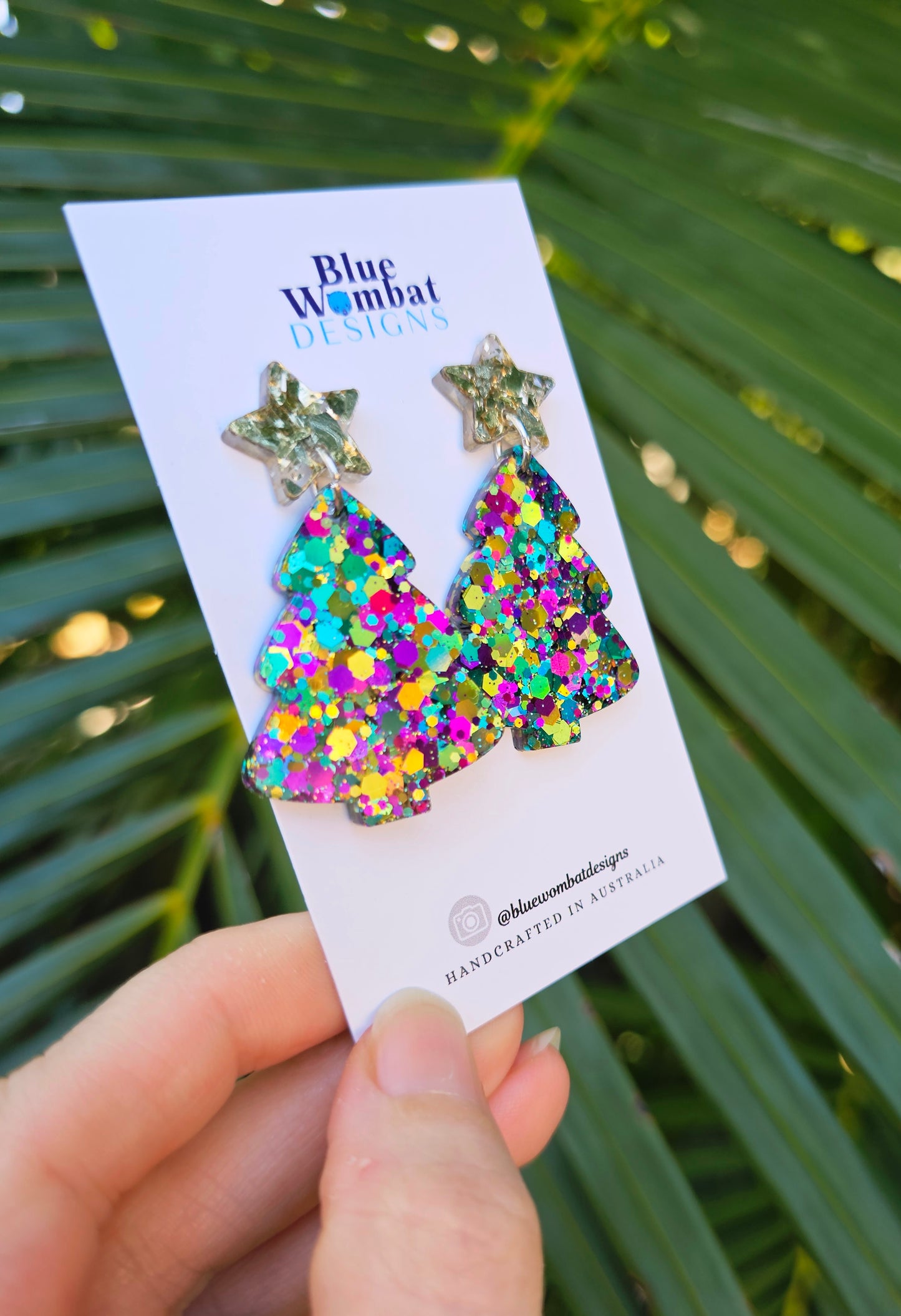 Christmas Tree Glitter Resin Dangle Earrings Handmade