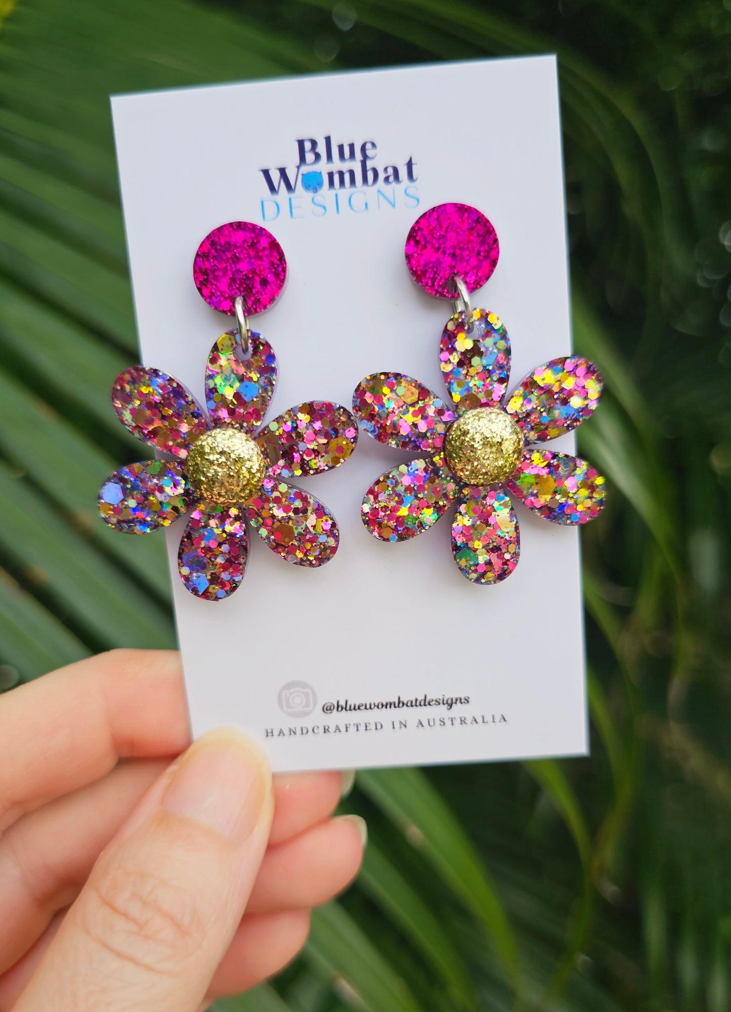 Colourful Glitter Flower Resin Dangle Statement Earrings