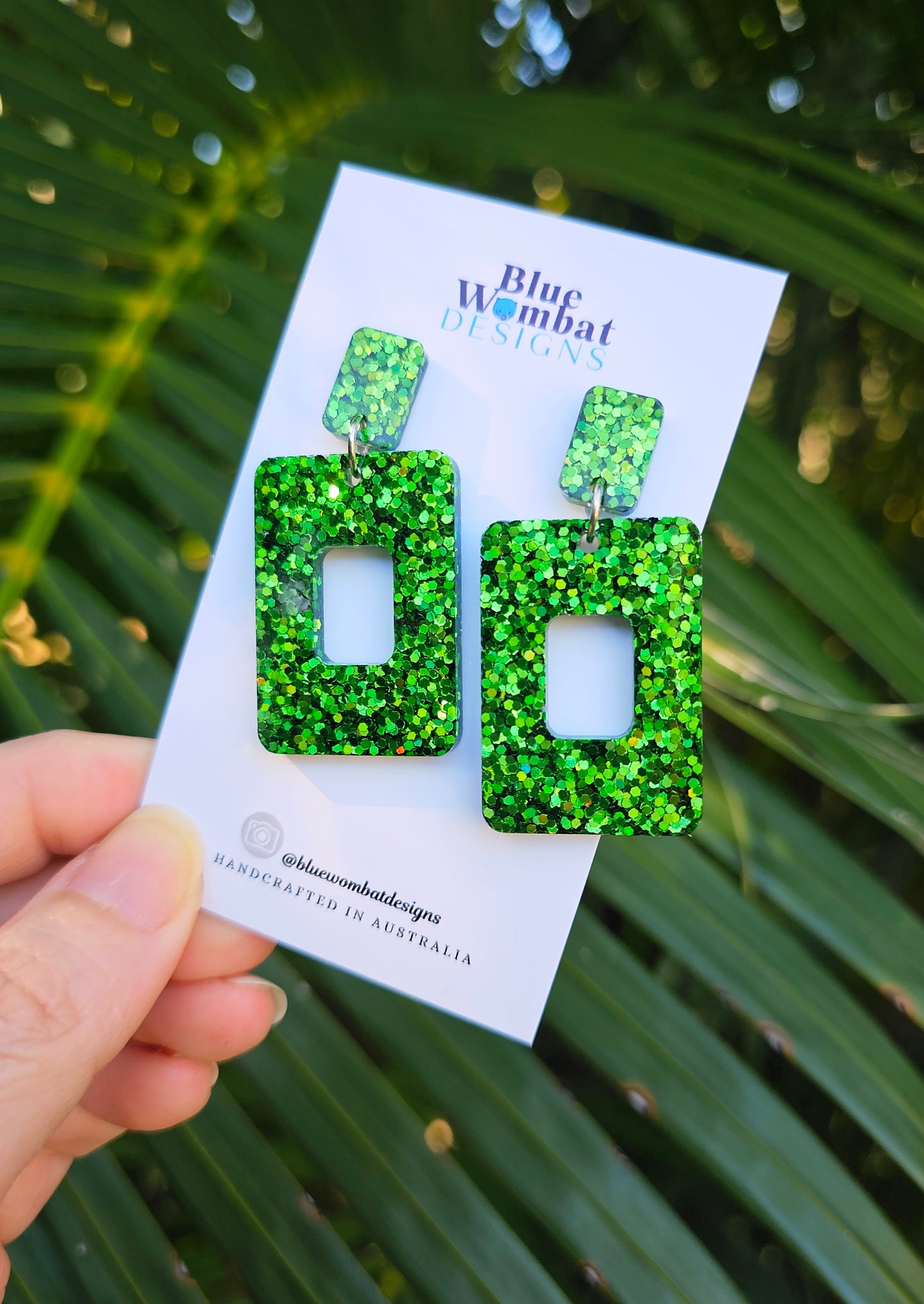 Green Glitter Resin Statement Dangle Earrings