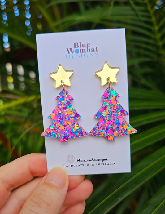 Christmas Tree Glitter Resin Dangle Earrings Handmade