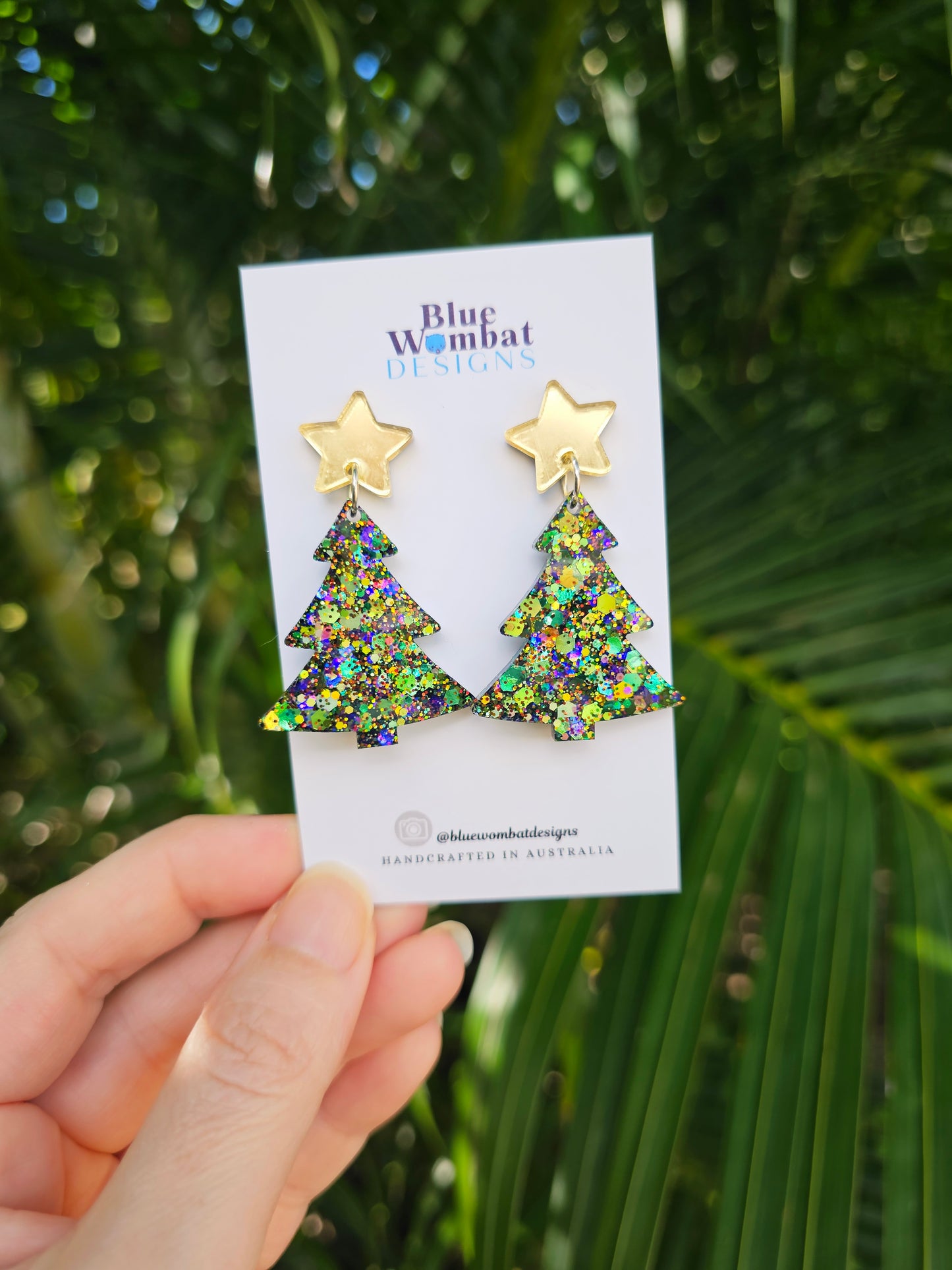 Christmas Tree Glitter Resin Dangle Earrings Handmade