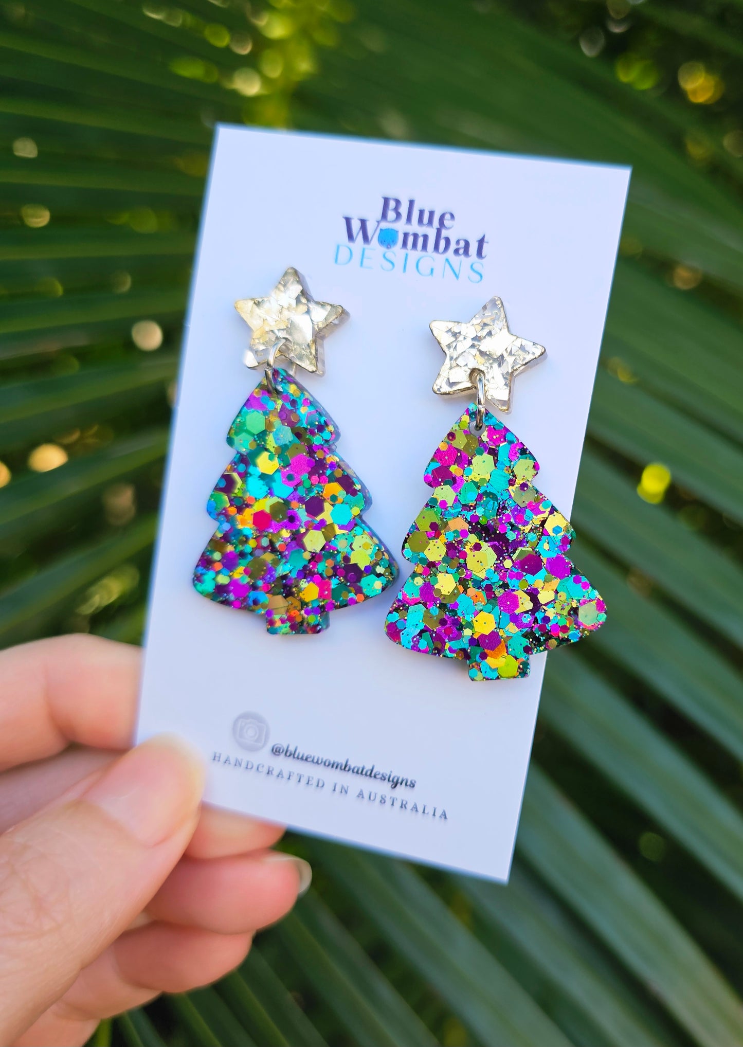 Christmas Tree Glitter Resin Dangle Earrings Handmade