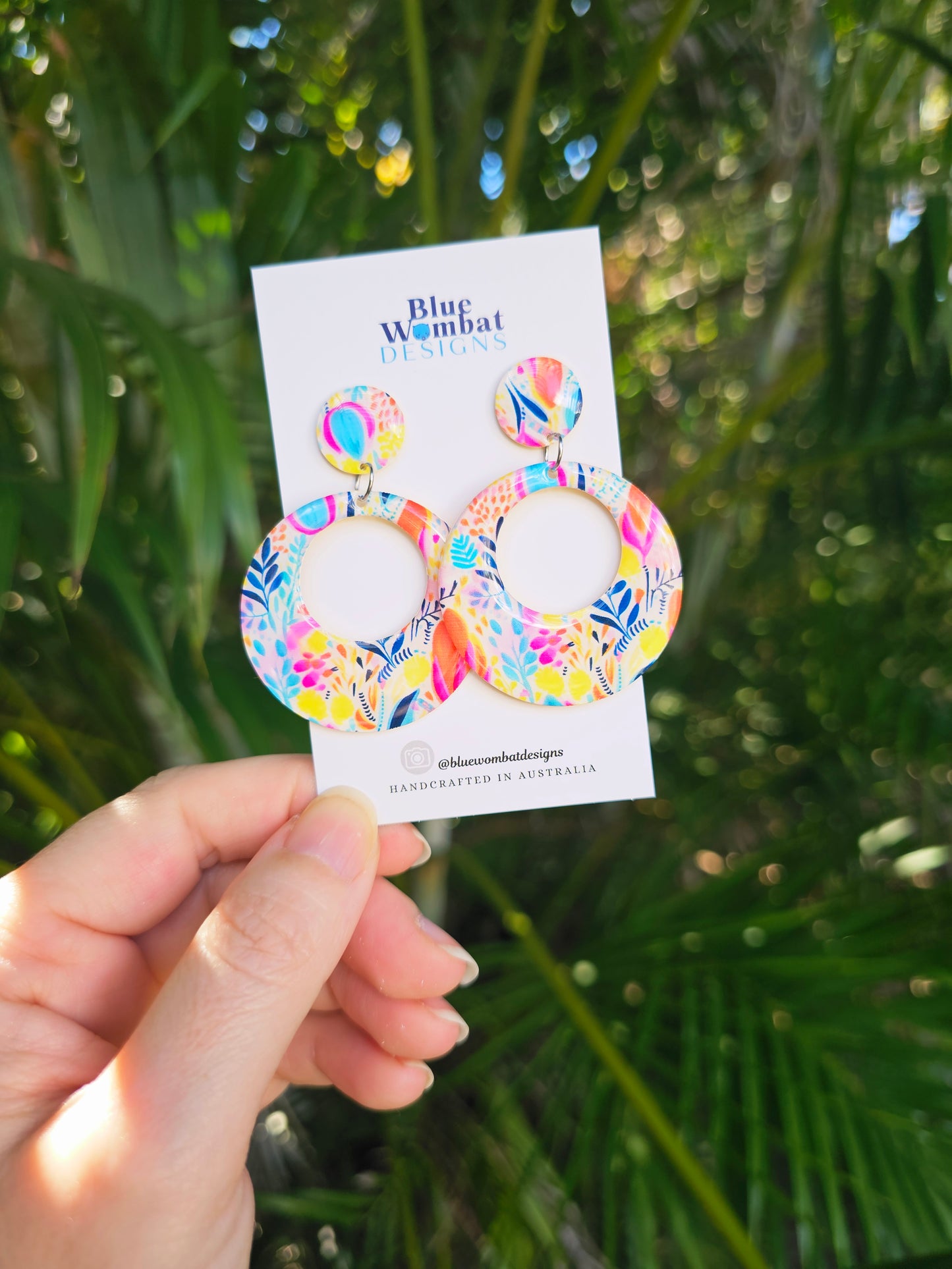 Floral Round Hoop Resin Yupo Paper Dangle Earrings