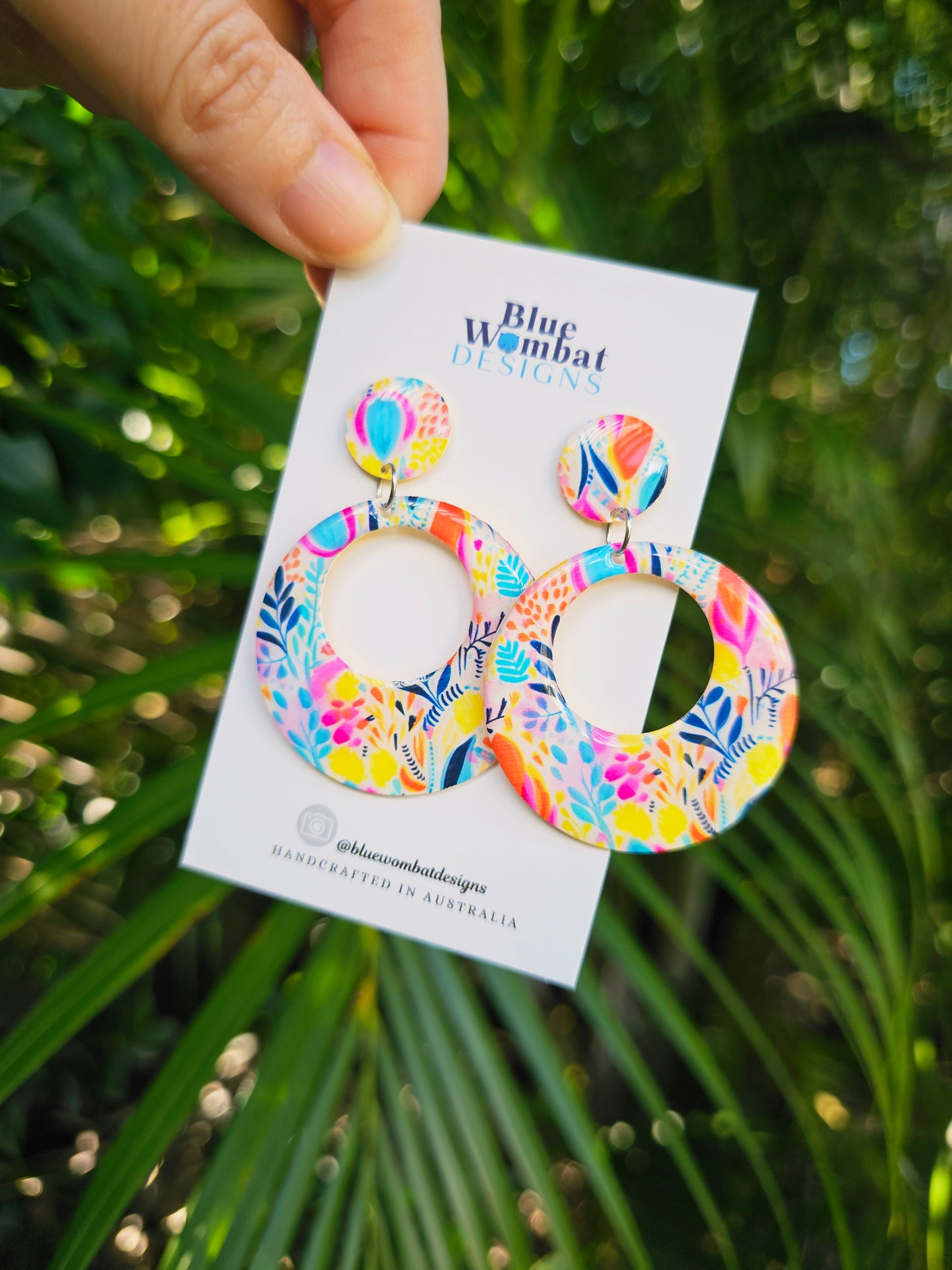 Floral Round Hoop Resin Yupo Paper Dangle Earrings