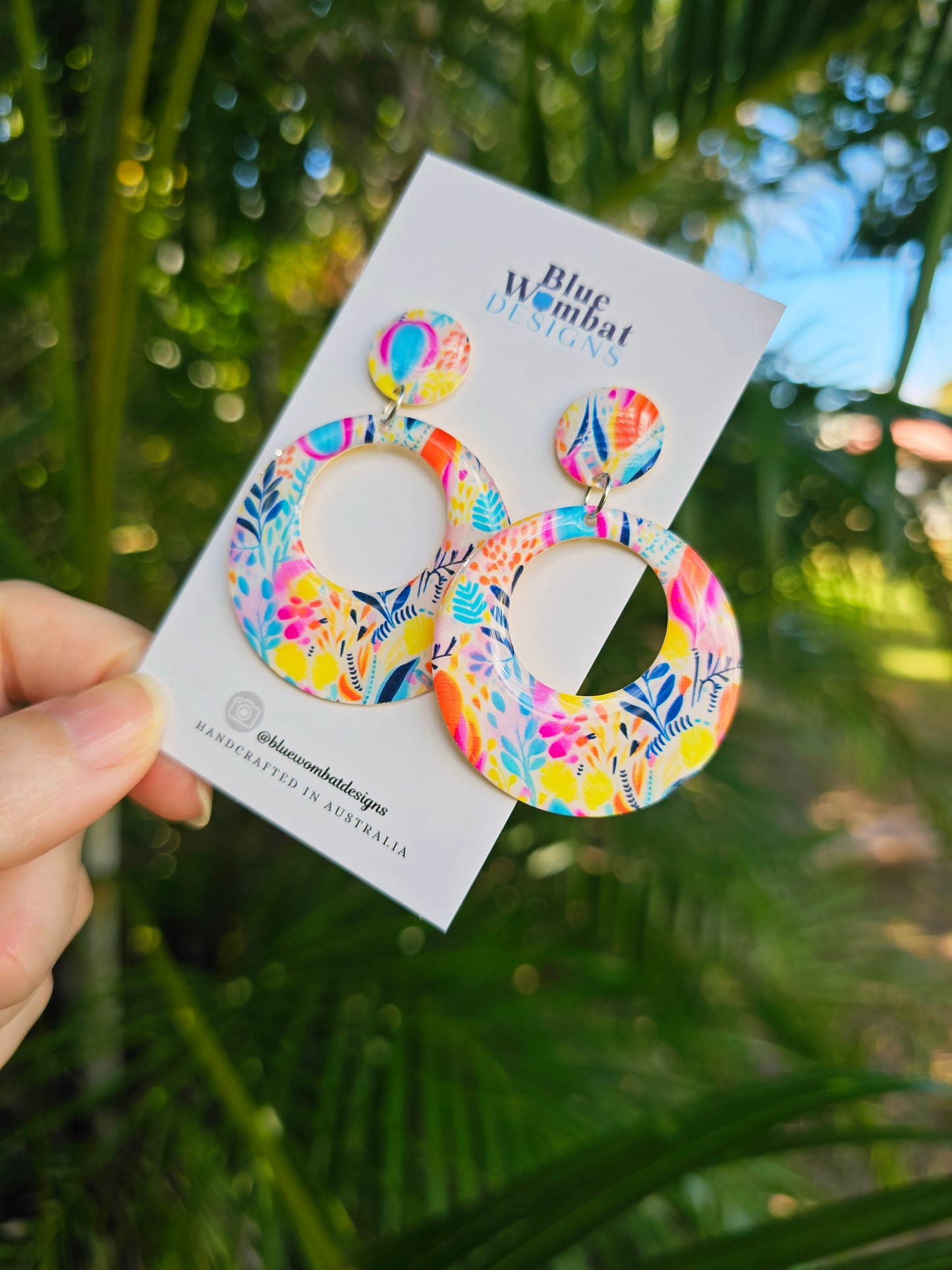Floral Round Hoop Resin Yupo Paper Dangle Earrings