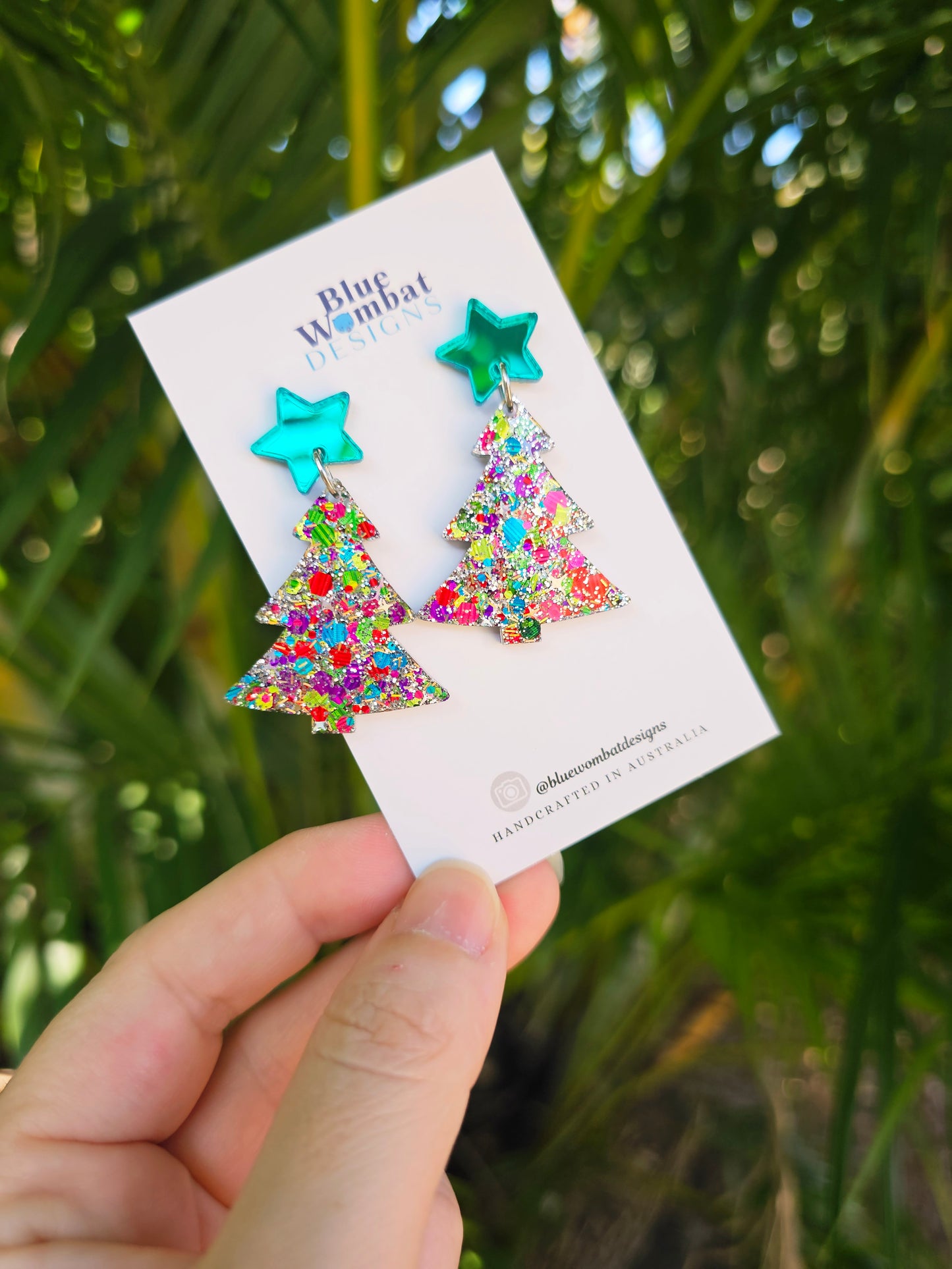 Christmas Tree Glitter Resin Dangle Earrings Handmade