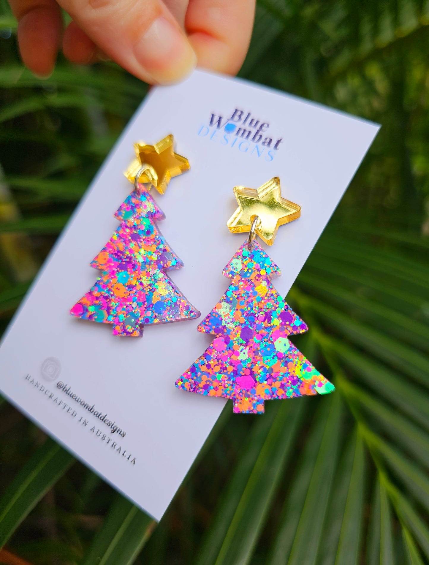 Christmas Tree Glitter Resin Dangle Earrings Handmade