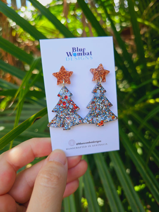 Christmas Tree Glitter Resin Dangle Earrings Handmade