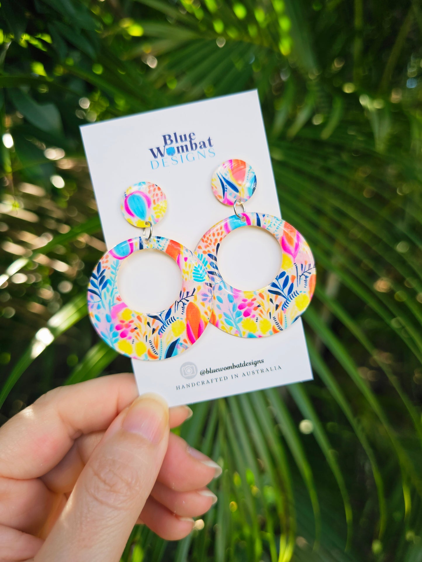 Floral Round Hoop Resin Yupo Paper Dangle Earrings