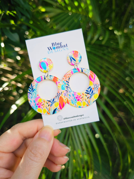 Floral Round Hoop Resin Yupo Paper Dangle Earrings