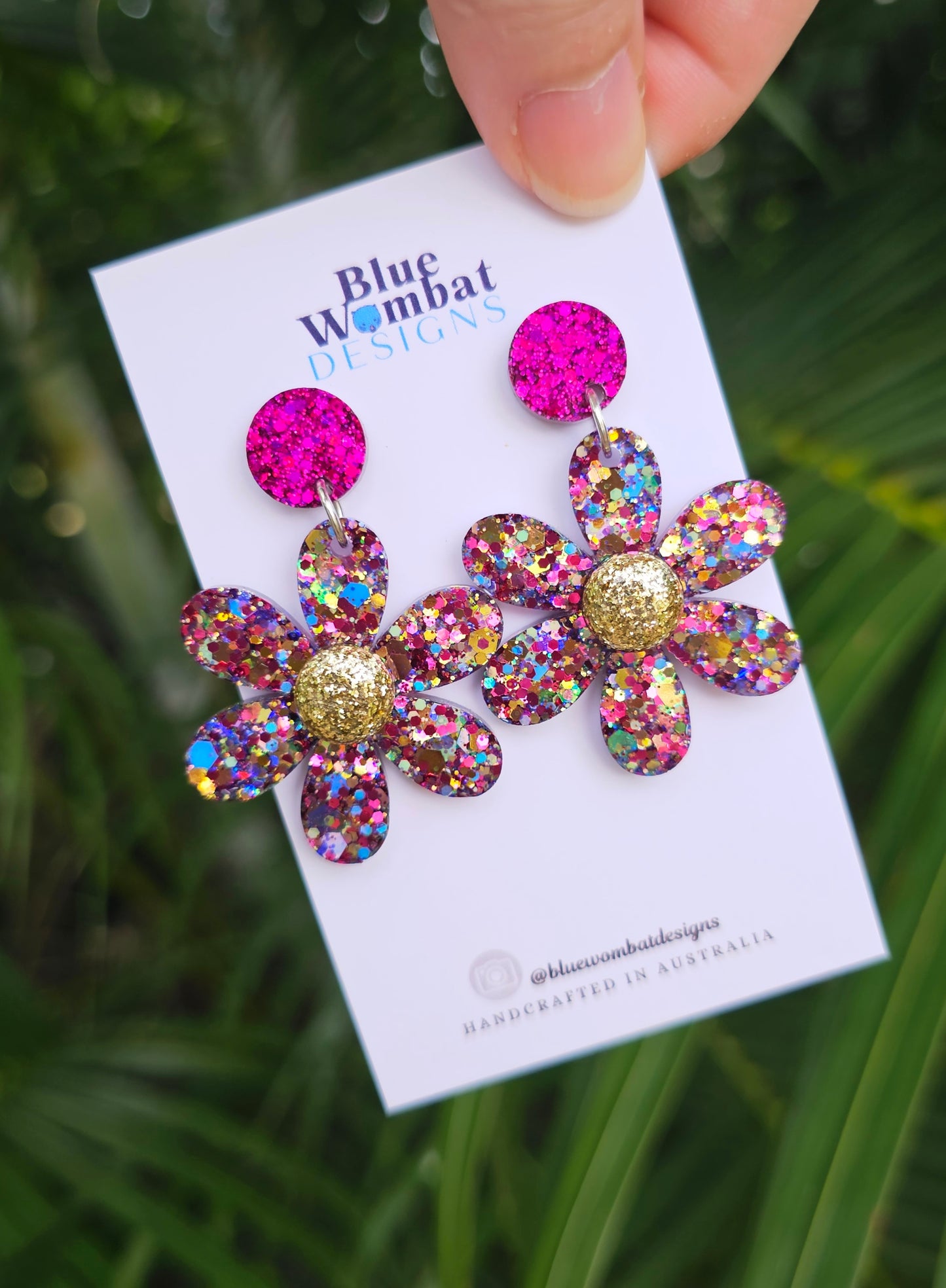 Colourful Glitter Flower Resin Dangle Statement Earrings