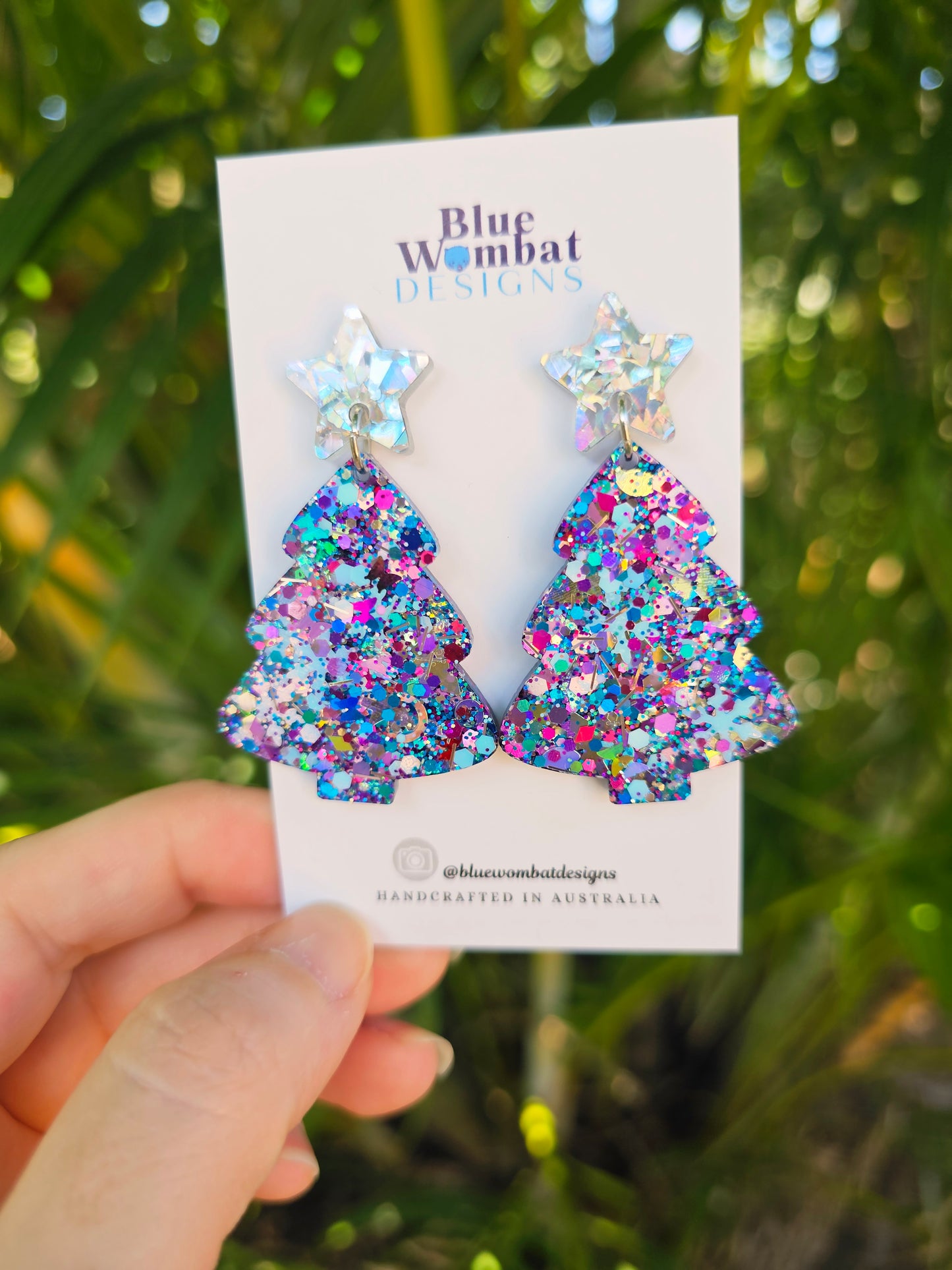 Christmas Tree Glitter Resin Dangle Earrings Handmade
