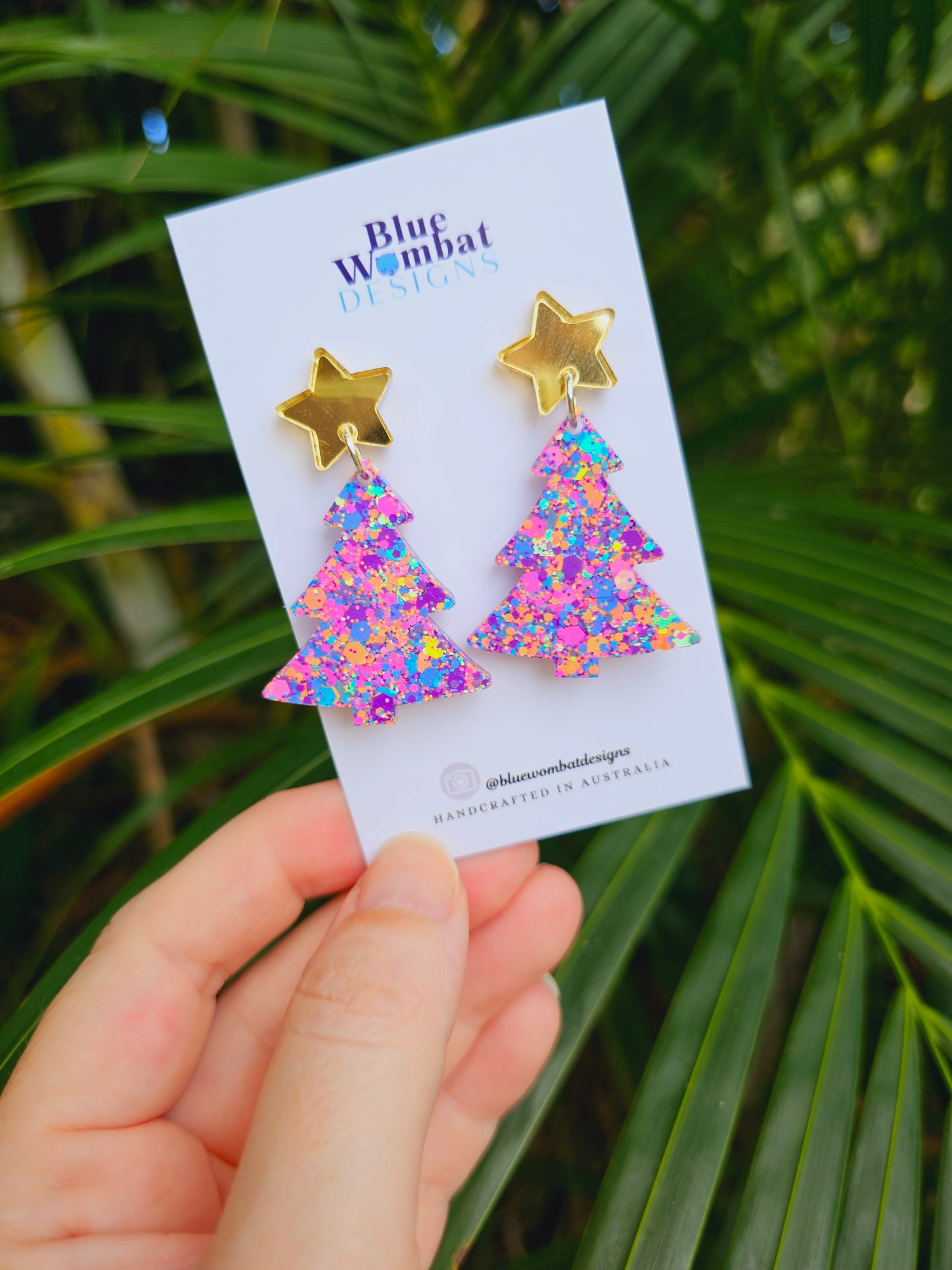 Christmas Tree Glitter Resin Dangle Earrings Handmade
