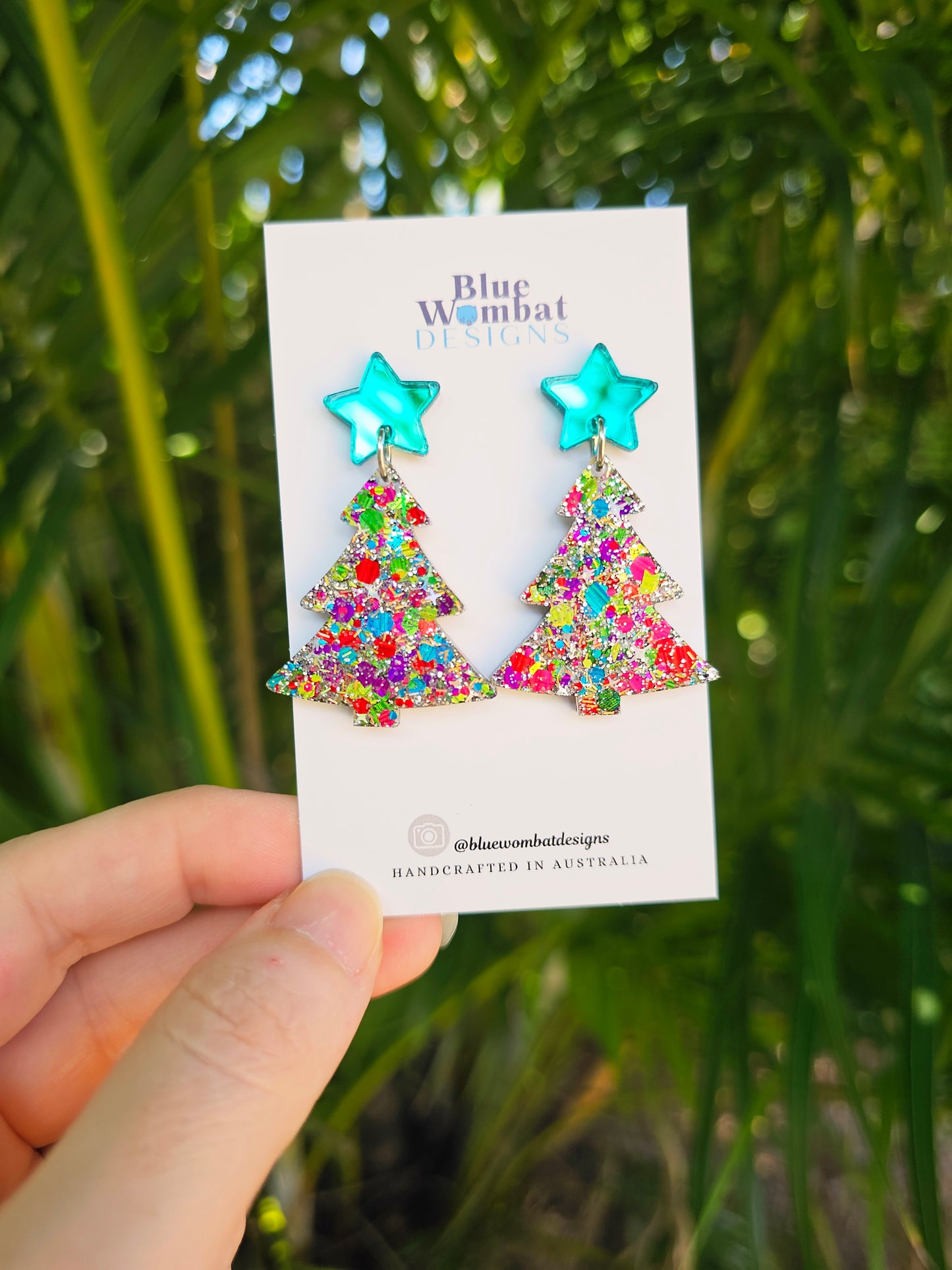 Christmas Tree Glitter Resin Dangle Earrings Handmade