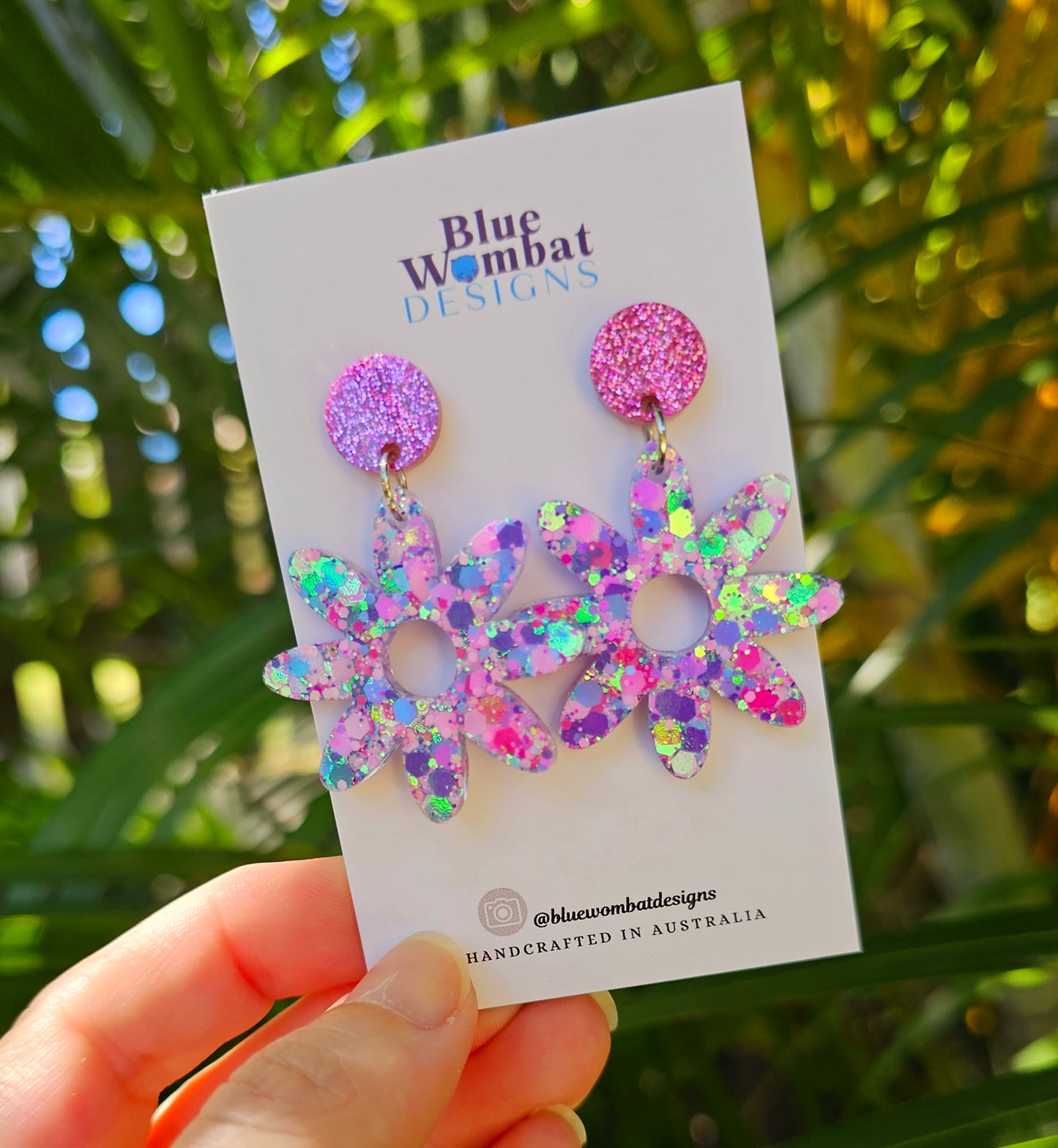 Resin Glitter Pink Flower Dangle Statement Earrings