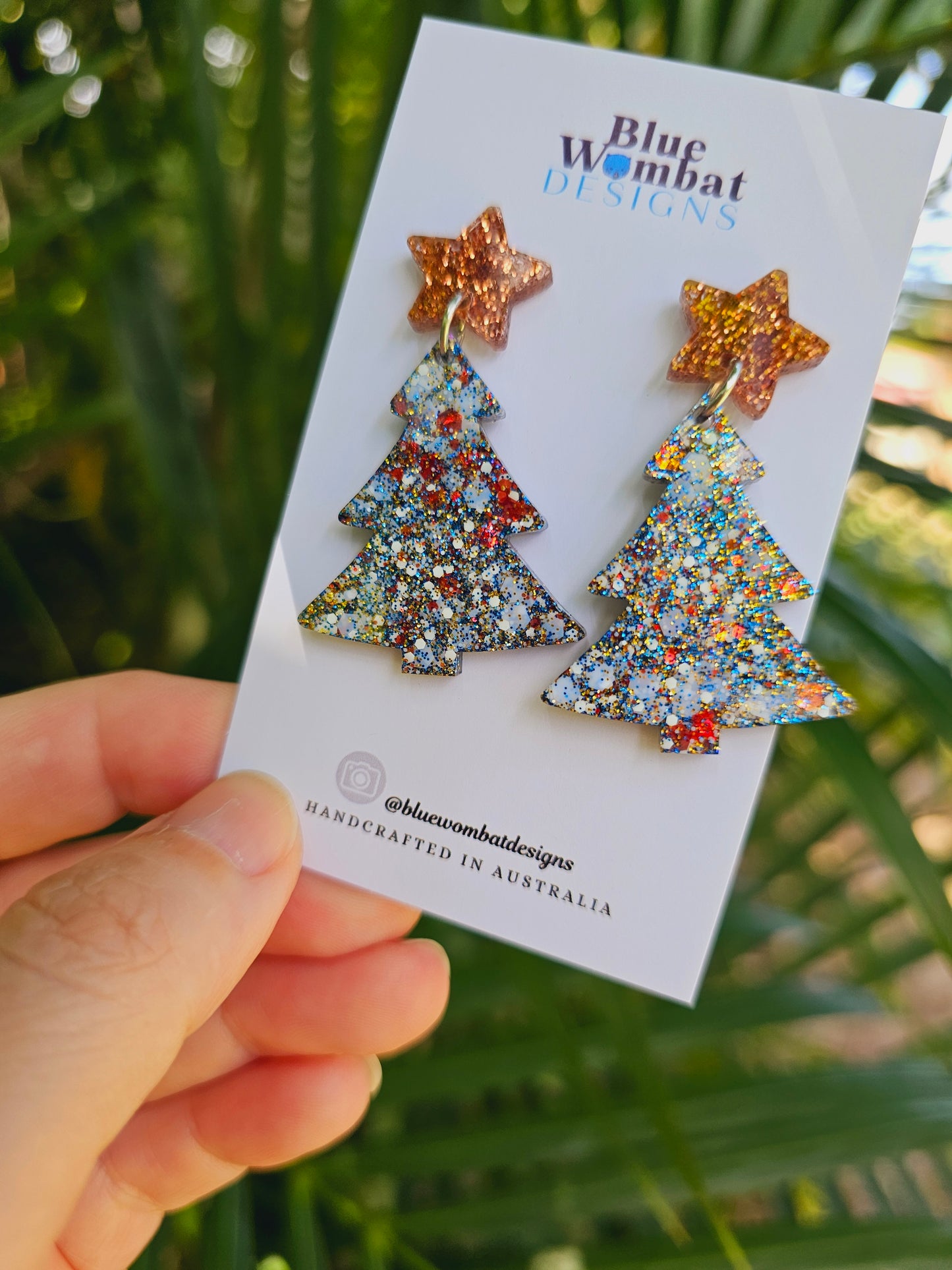 Christmas Tree Glitter Resin Dangle Earrings Handmade