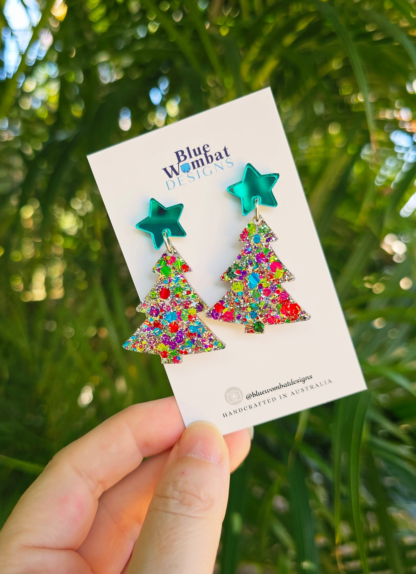 Christmas Tree Glitter Resin Dangle Earrings Handmade