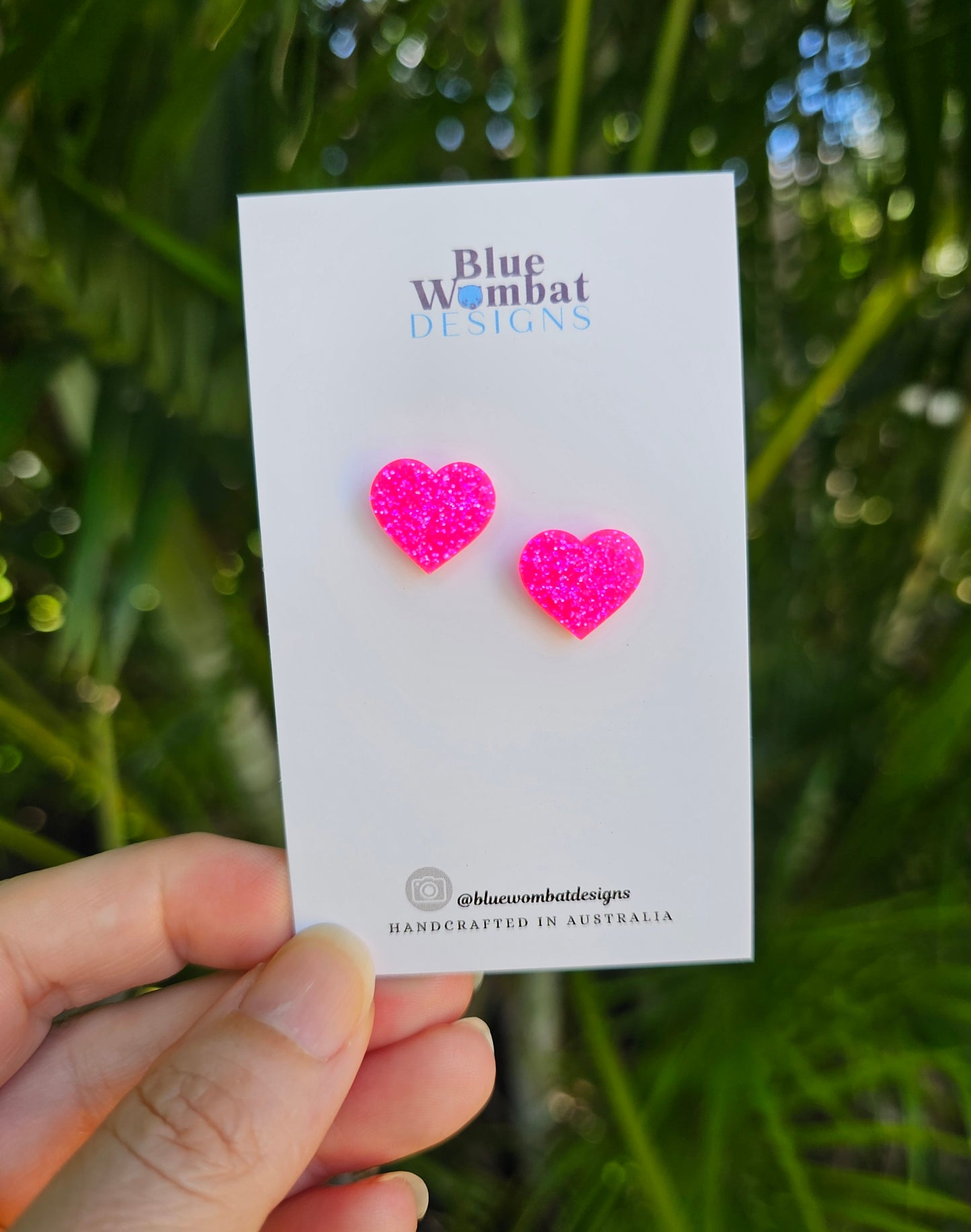 Hot Pink Love Heart Glitter Resin Small Stud Earrings