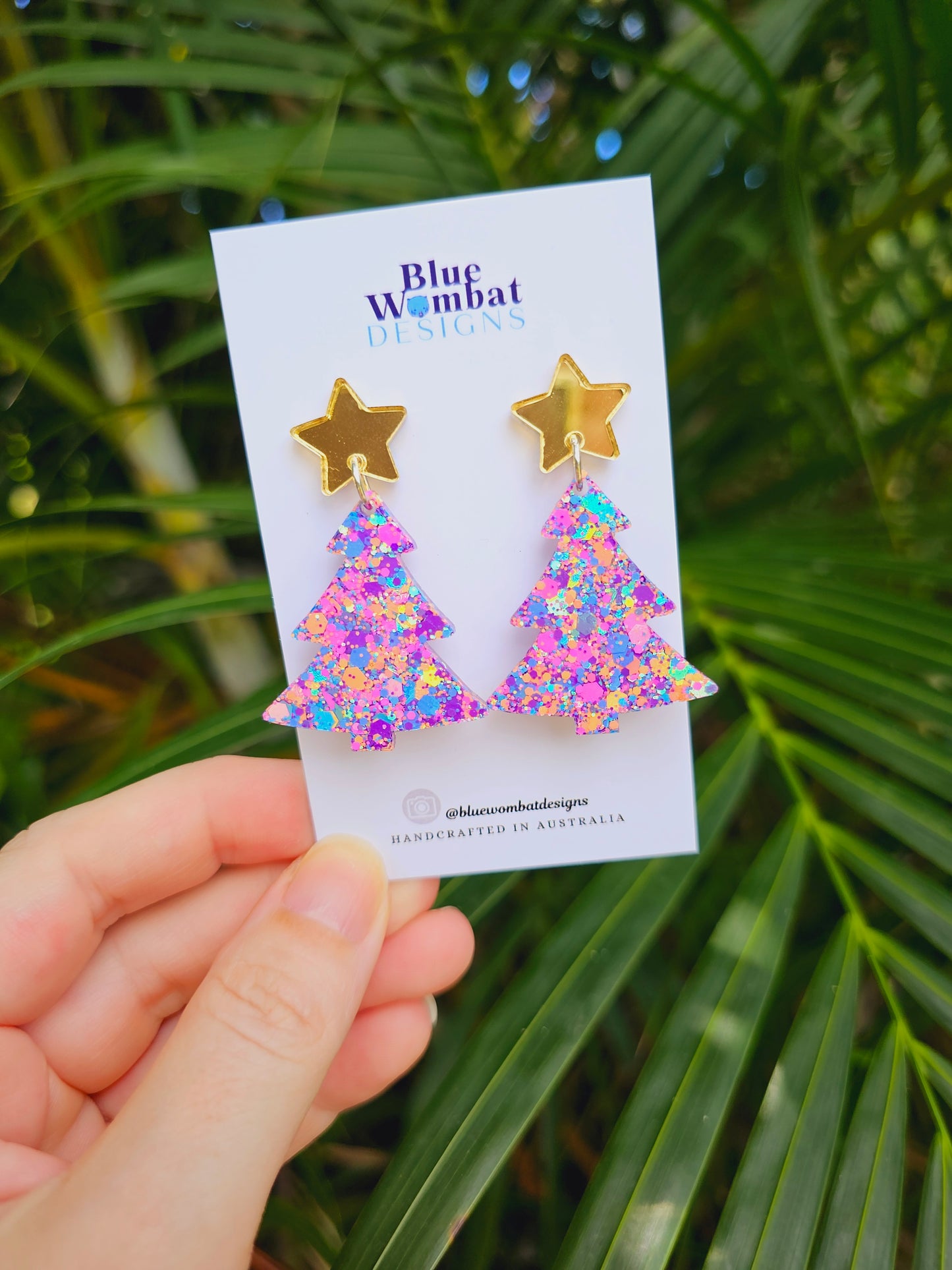 Christmas Tree Glitter Resin Dangle Earrings Handmade