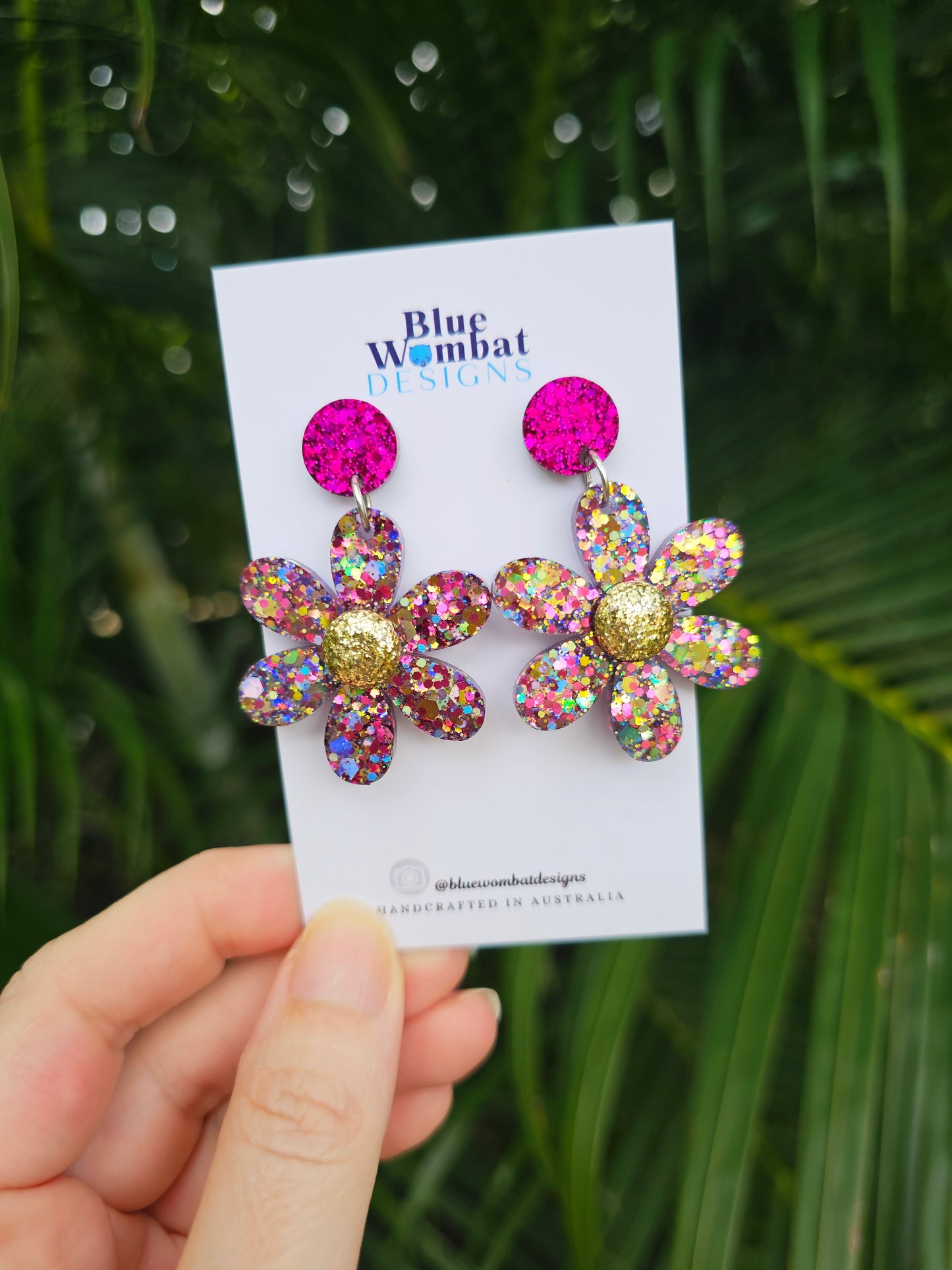 Colourful Glitter Flower Resin Dangle Statement Earrings